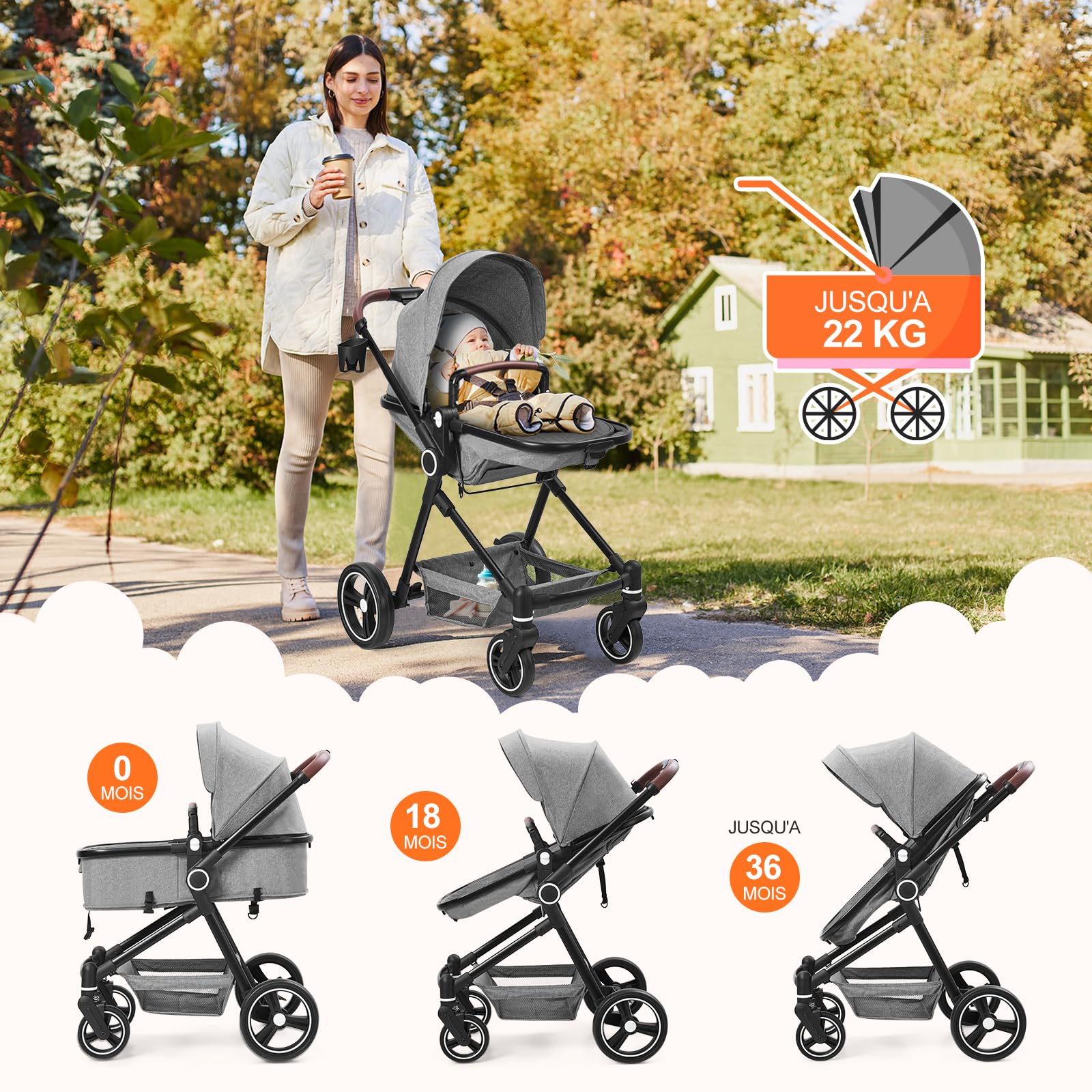 Passeggino/carrozzina Garvee 2 in 1 per 0-36 mesi, fino a 22 kg, ruote grandi, sistema da viaggio, facile da piegare