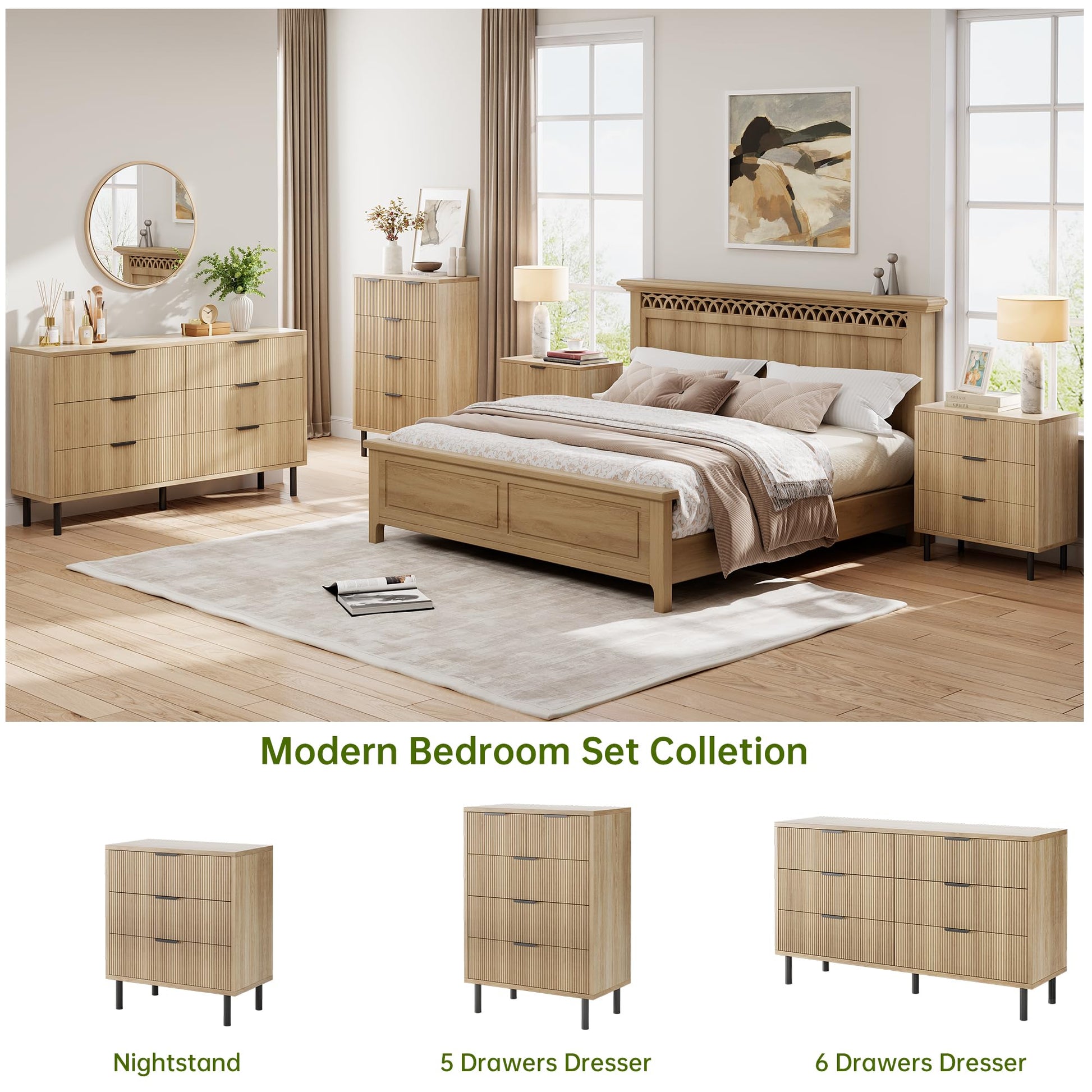 Cassettiera Garvee in rovere con 3 cassetti, design scanalato, gambe in metallo, protezione antiribaltamento per camera da letto e soggiorno, bianco, moderno