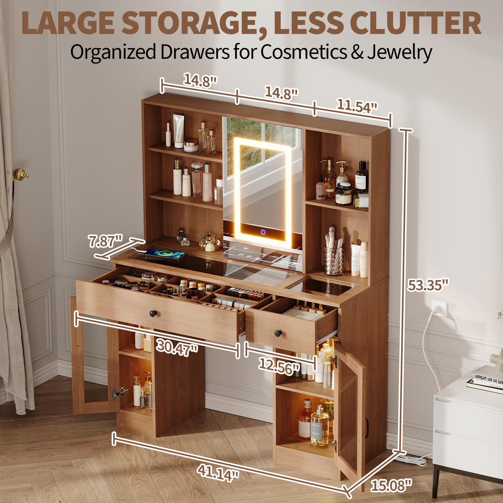 Toeletta Garvee con specchio LED, prese e spazio di archiviazione per la camera da letto, color legno, illuminazione a 3 colori, 2 cassetti e 2 armadietti