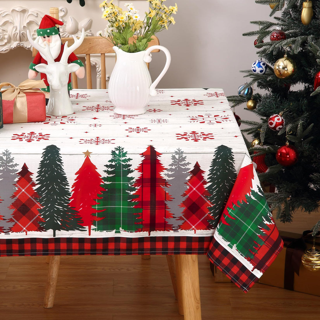 Garvee Nappe De Noël rettangolare 137x200 cm con motivo a spillo, venature del legno, cotone, facile da pulire, decorazione natalizia, runner da tavola festivo