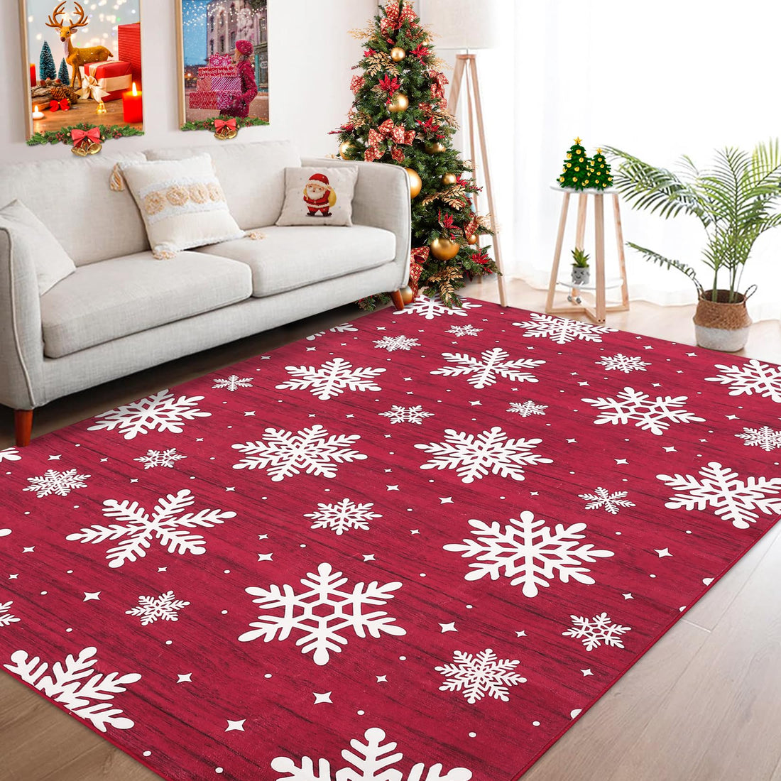 Tappeto natalizio moderno Garvee di grandi dimensioni con bordo natalizio a forma di fiocco di neve per soggiorno, camera da letto, sala da pranzo, 140x200 cm, multicolore