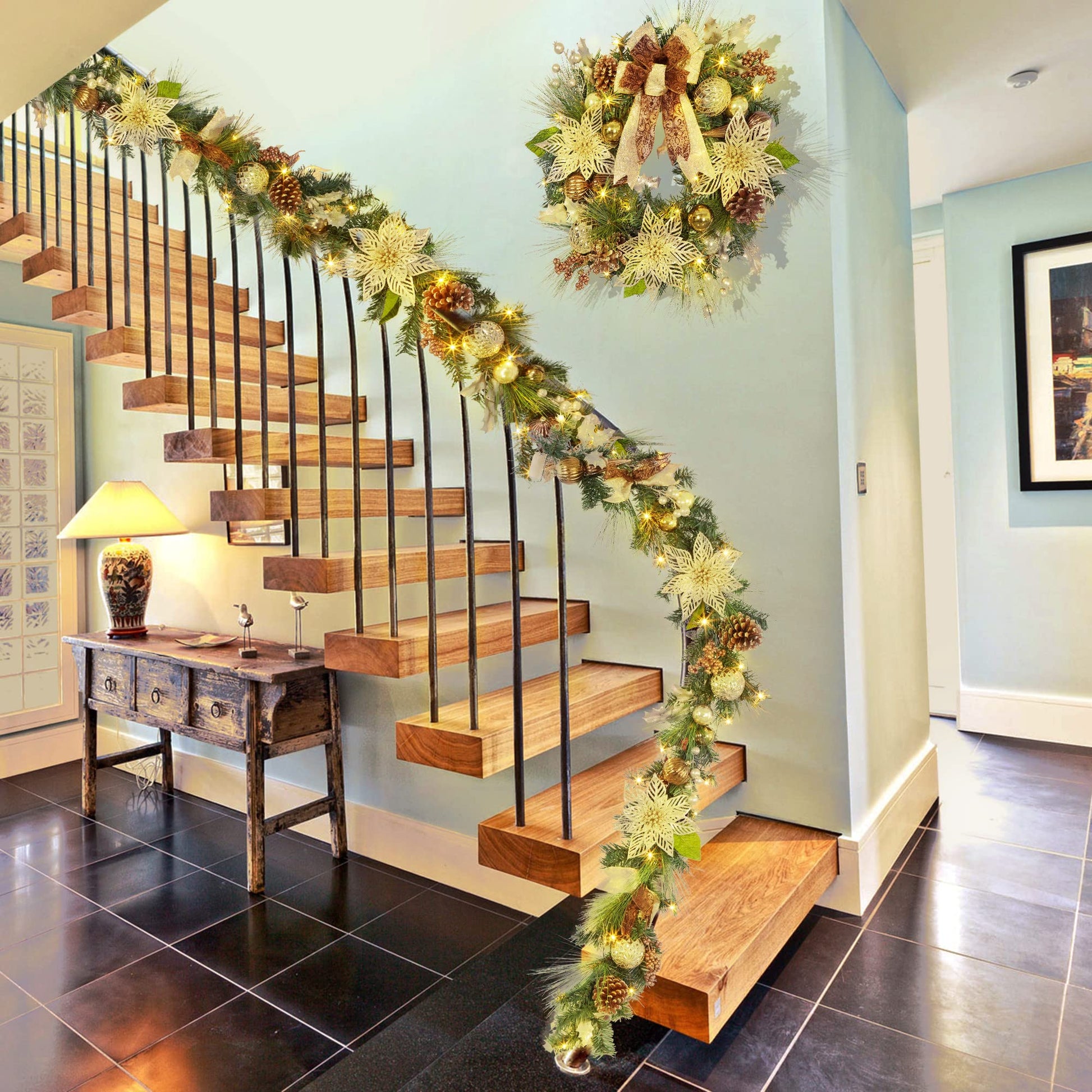 Ghirlanda natalizia dorata Garvee da 24 pollici illuminata con 20 luci LED per porte e finestre, marrone