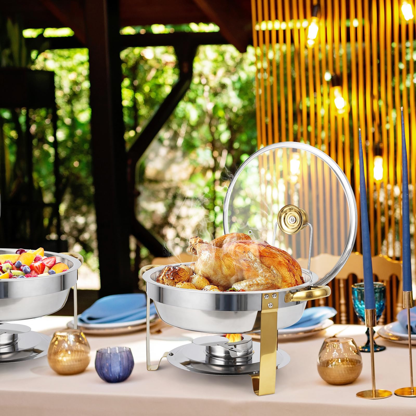 Set di scaldavivande Garvee, 2 pezzi, 5 QT, acciaio inossidabile, coperchi in vetro con bordo dorato, controllo della temperatura, catering