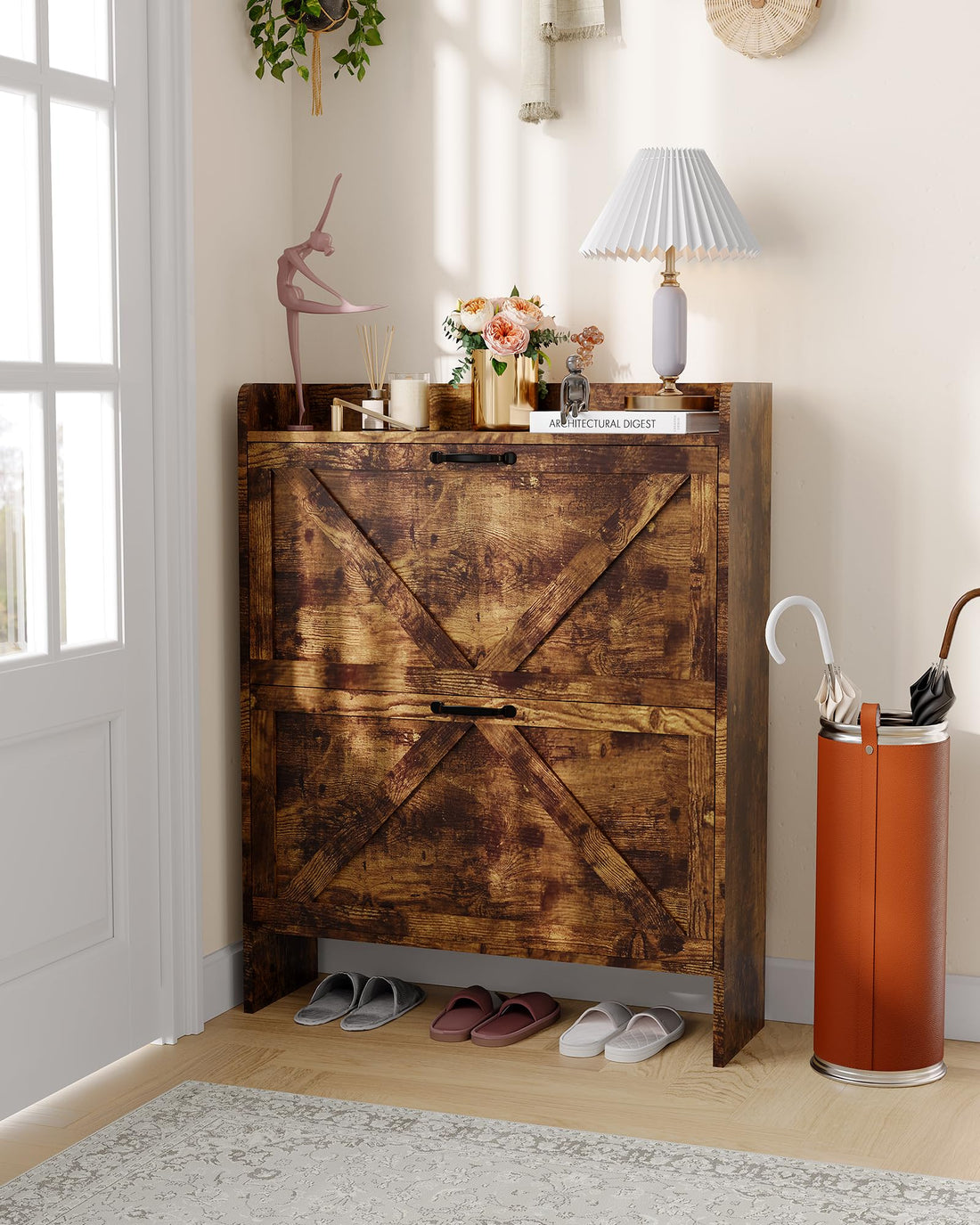 Garvee Scarpiera con 2 cassetti pieghevoli, scarpiera rustica marrone in stile fattoria per corridoio e ingresso, salvaspazio