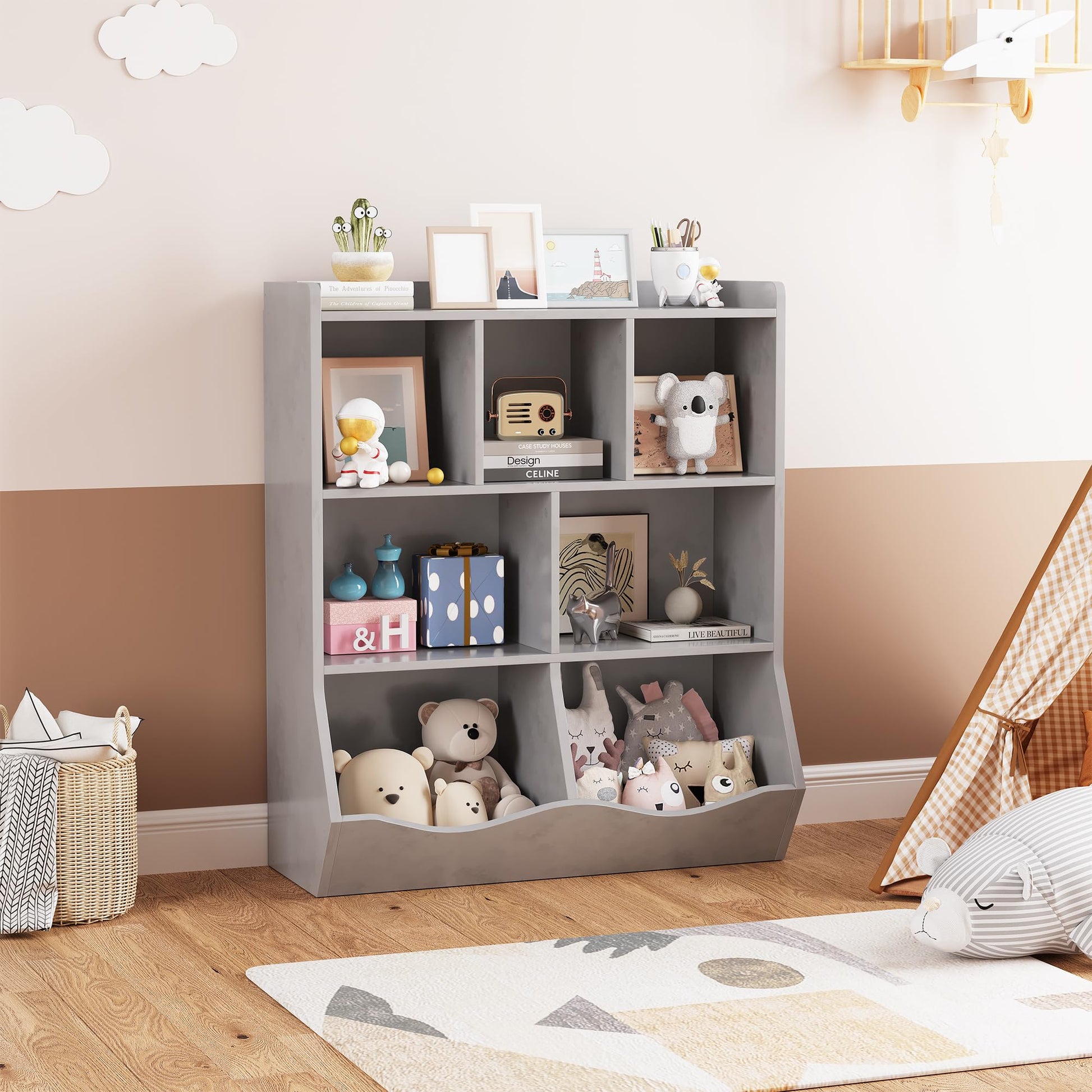Mobiletto portaoggetti per bambini Garvee Grey, libreria a 3 ripiani, robusto, antiribaltamento, 5 ripiani, camera da letto e sala giochi, legno, grigio