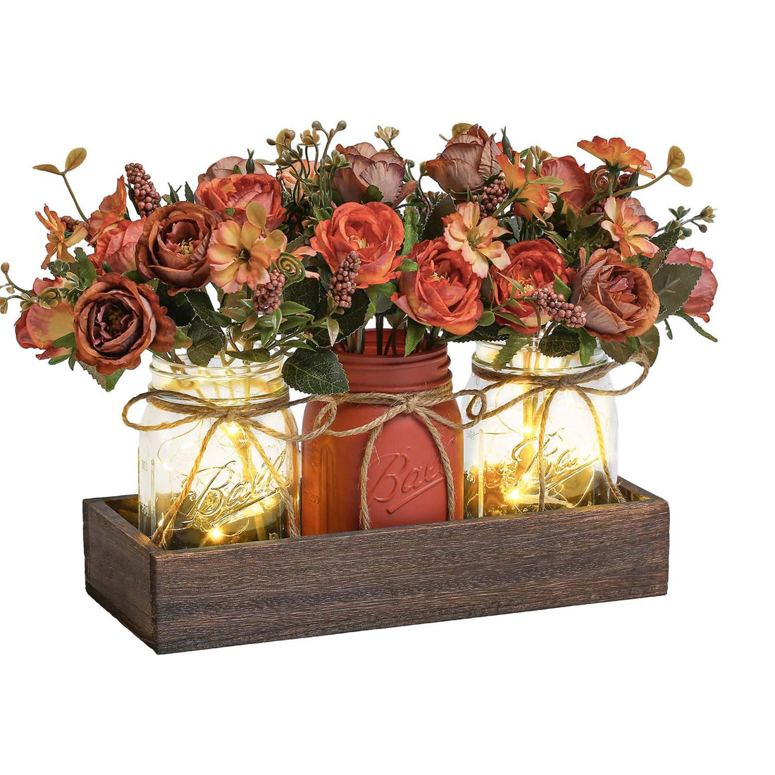 Set di 3 barattoli di vetro Garvee con fiori artificiali blu, vassoio rustico in legno, luci con timer per cucina e soggiorno, 34,3x10,9x10,9 cm, blu