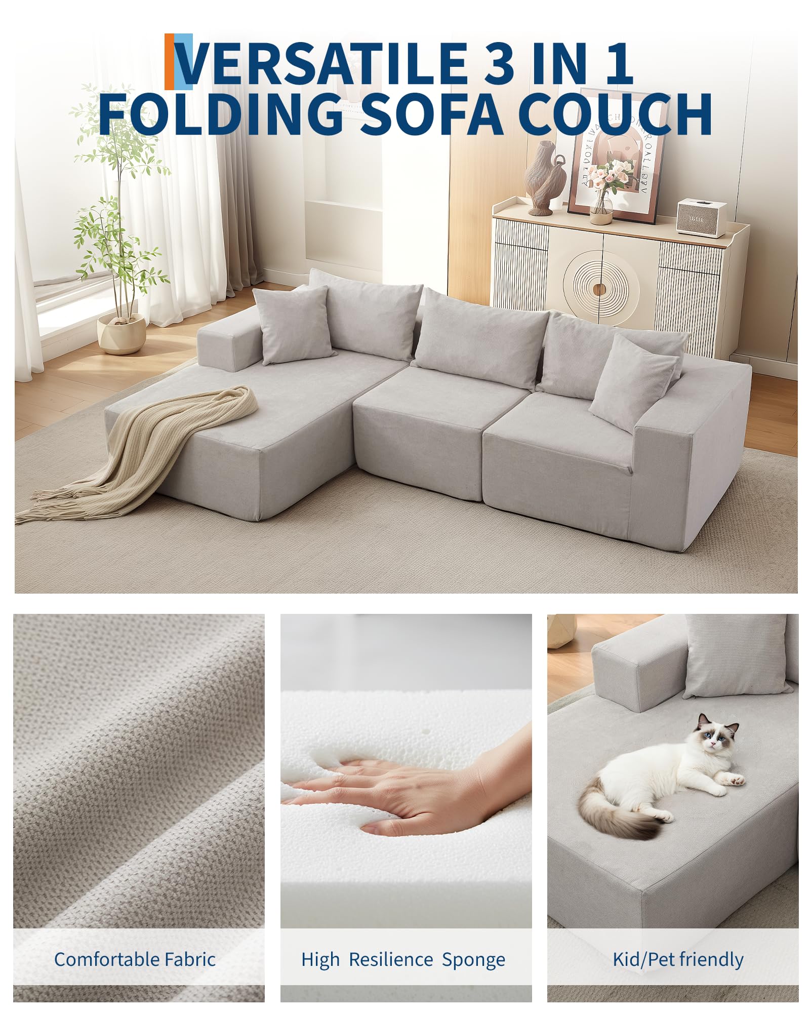 Divano componibile modular Garvee da 108" con chaise longue, comfort senza ossa, a forma di L, tessuto polimerico, divano letto, soggiorno, comodo, versatile