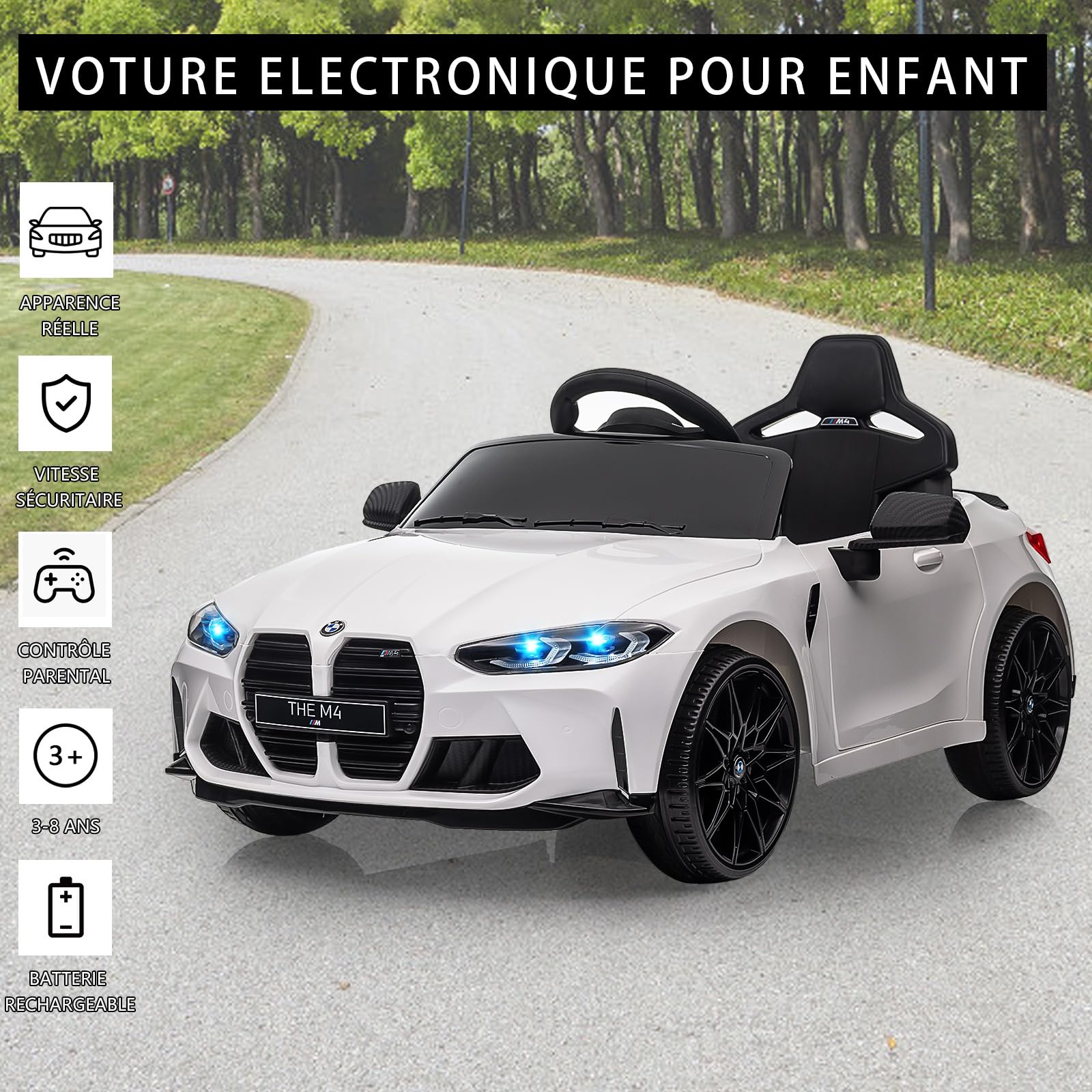 Garvee Kids Electric Car BMW M4 con licenza 12V con LED, musica, cintura di sicurezza, telecomando, metallo PP, giocattolo per esterni, 3 km/h, nero