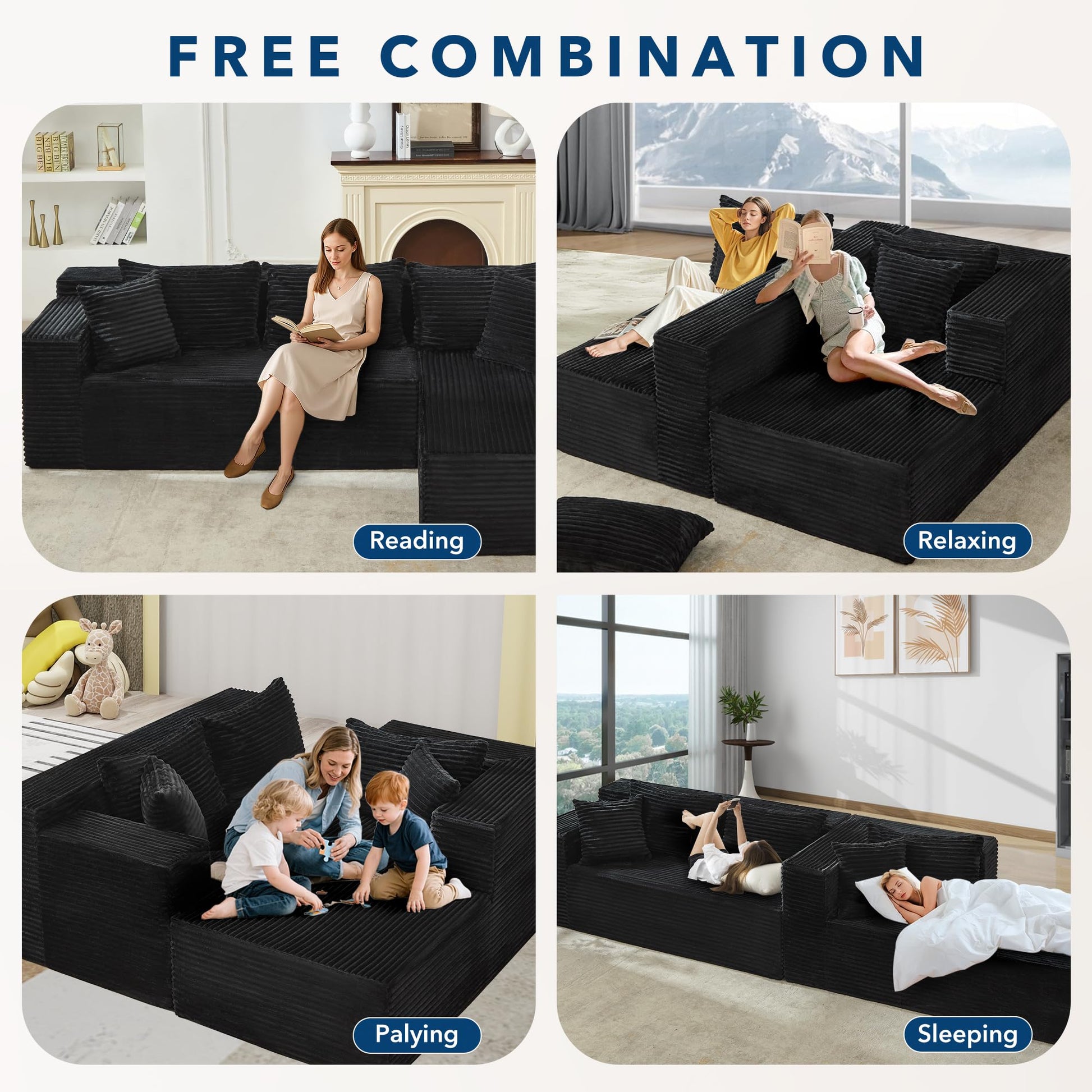 Divano angolare modulare Garvee Cloud 106" a forma di L, nero, divano letto oversize, soggiorno, seduta profonda, comodo e soffice, non richiede montaggio.