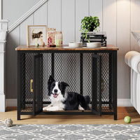 Gabbia per cani Garvee per uso domestico, 118,5 x 78 x 82,5 cm, legno e acciaio al carbonio, gabbia per animali domestici con 2 porte, coperchio incernierato, marrone, per cani di piccola/media/grande taglia
