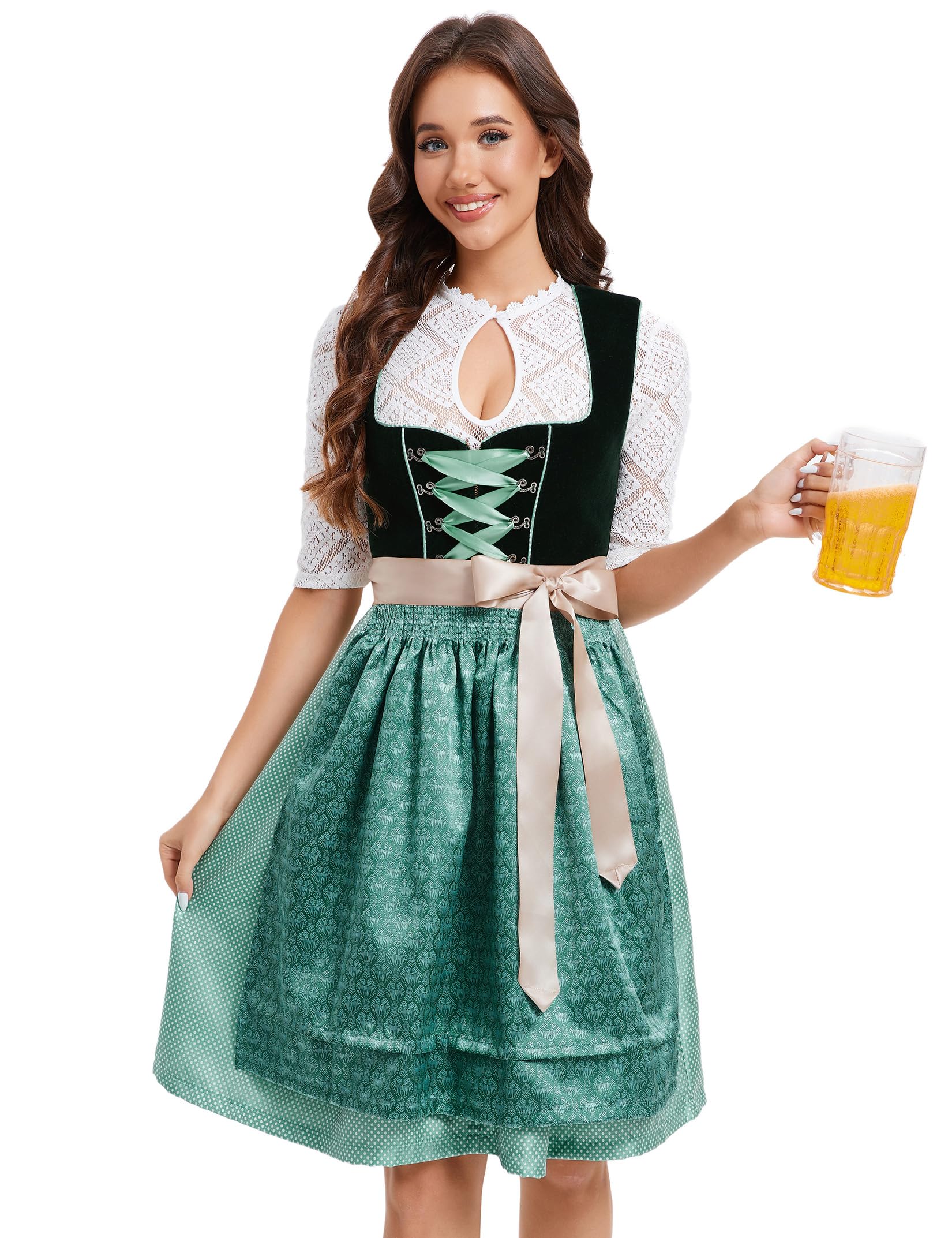 Garvee Dirndl da donna, abito tradizionale corto, midi, set completo, verde, taglia 34, per l'Oktoberfest