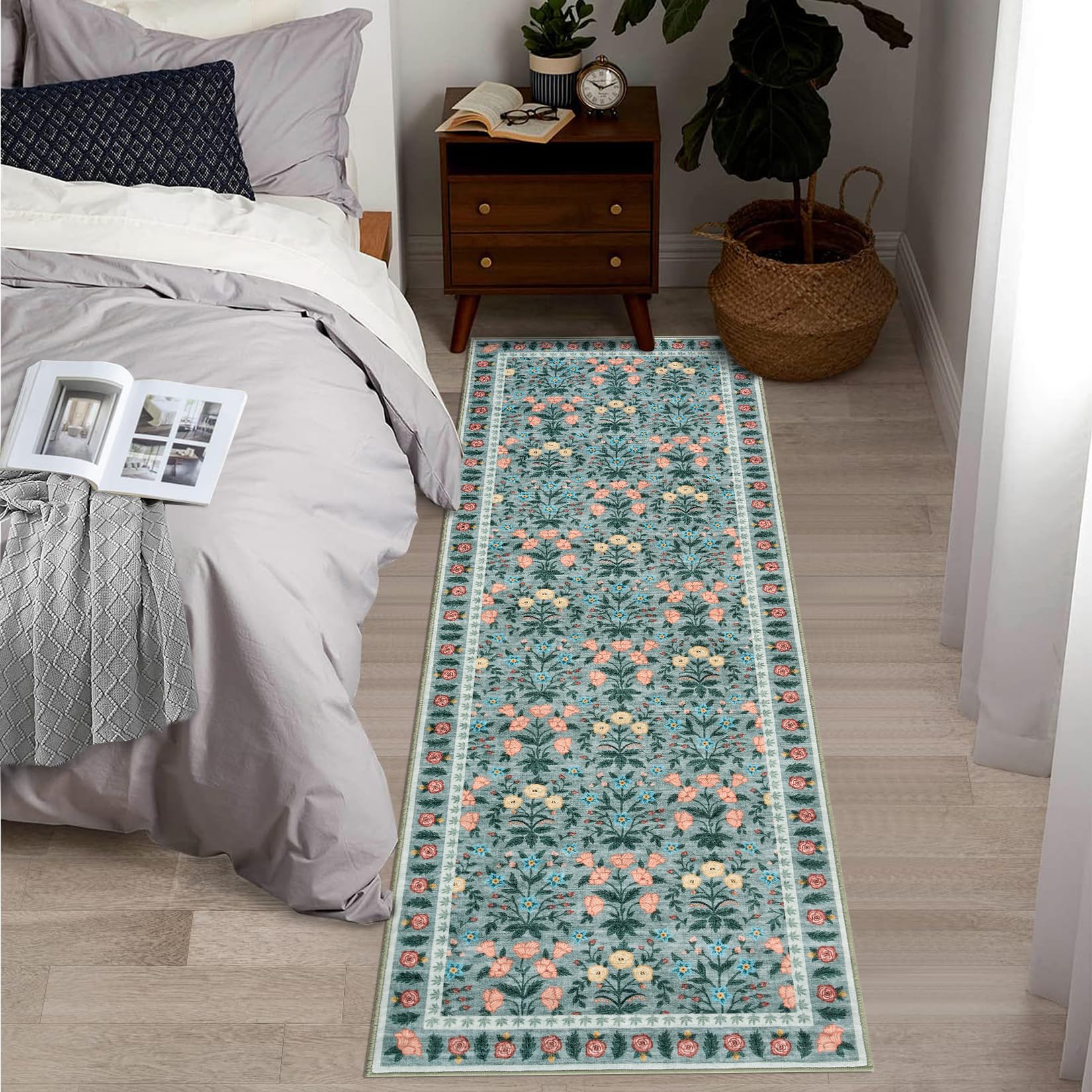 Tappeto decorativo da interno Garvee Boho, motivo floreale nero, antiscivolo, a pelo corto, 80x150 cm, per soggiorno, cameretta dei bambini, sala giochi