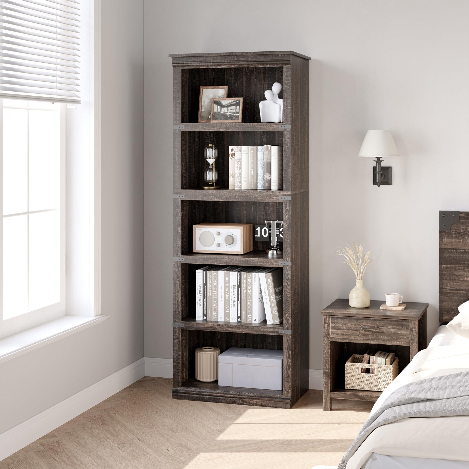 Libreria in legno Garvee a 5 ripiani, stile fattoria, robusta e con ampio spazio di archiviazione, design coloniale, rovere, 170 cm di altezza x 62 cm di larghezza x 32 cm di profondità, soggiorno e ufficio