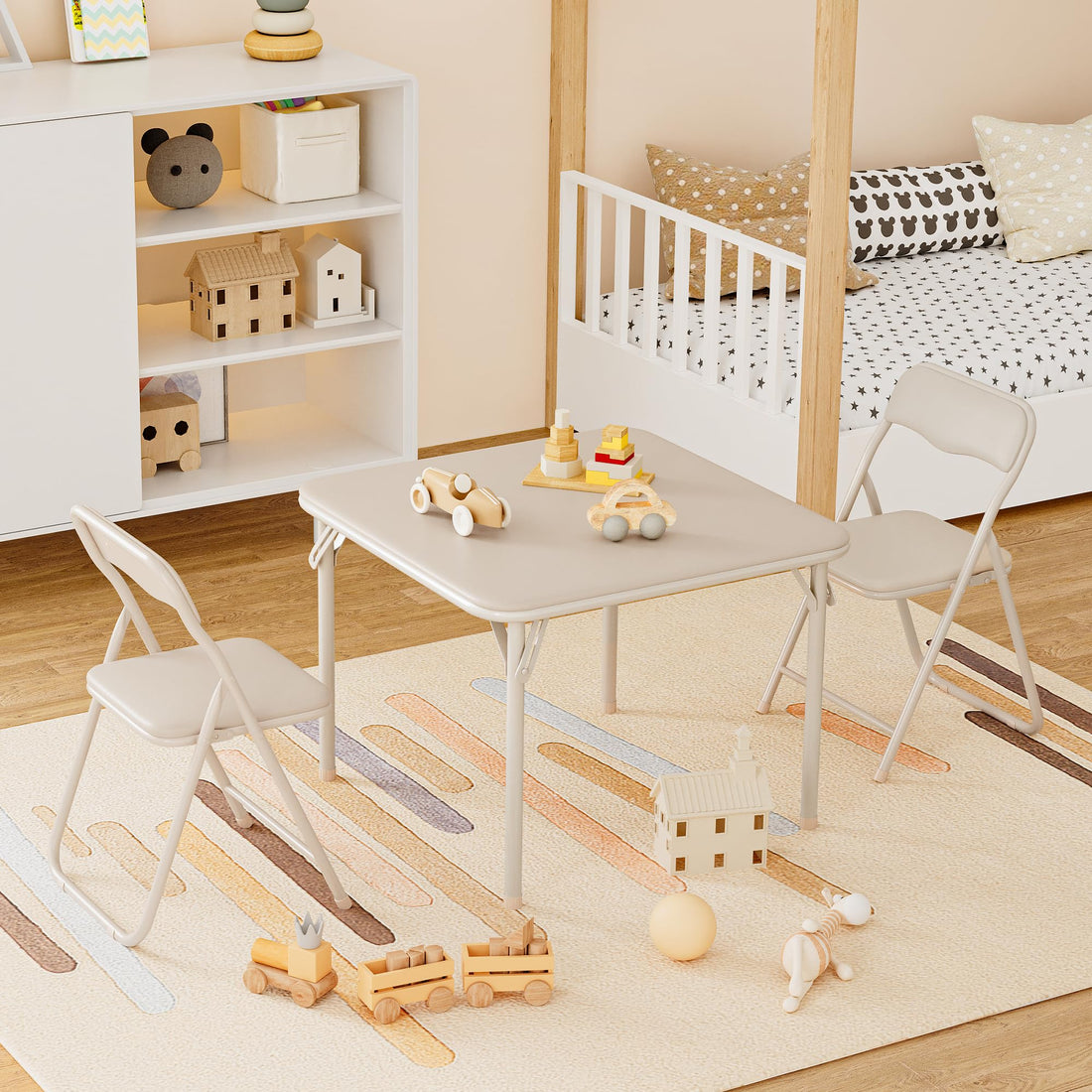 Set tavolo e sedie pieghevoli Garvee per bambini con cuscino di seduta in PU, robusta struttura in acciaio, pieghevole, ideale per mangiare, leggere, giocare, compatto, comodo