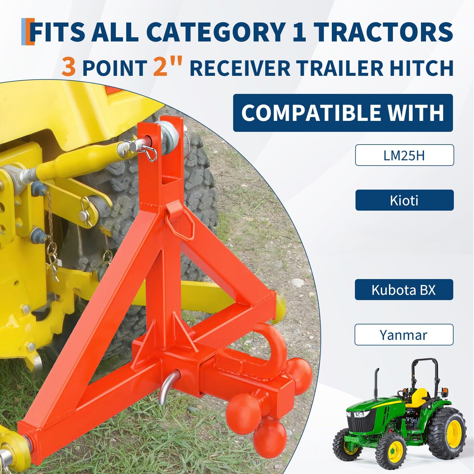 Garvee Gancio Traino Rimorchio 3 Punti Ricevitore 5 cm 4.536 kg Acciaio Nero - Ideale per Trattori Categoria 1