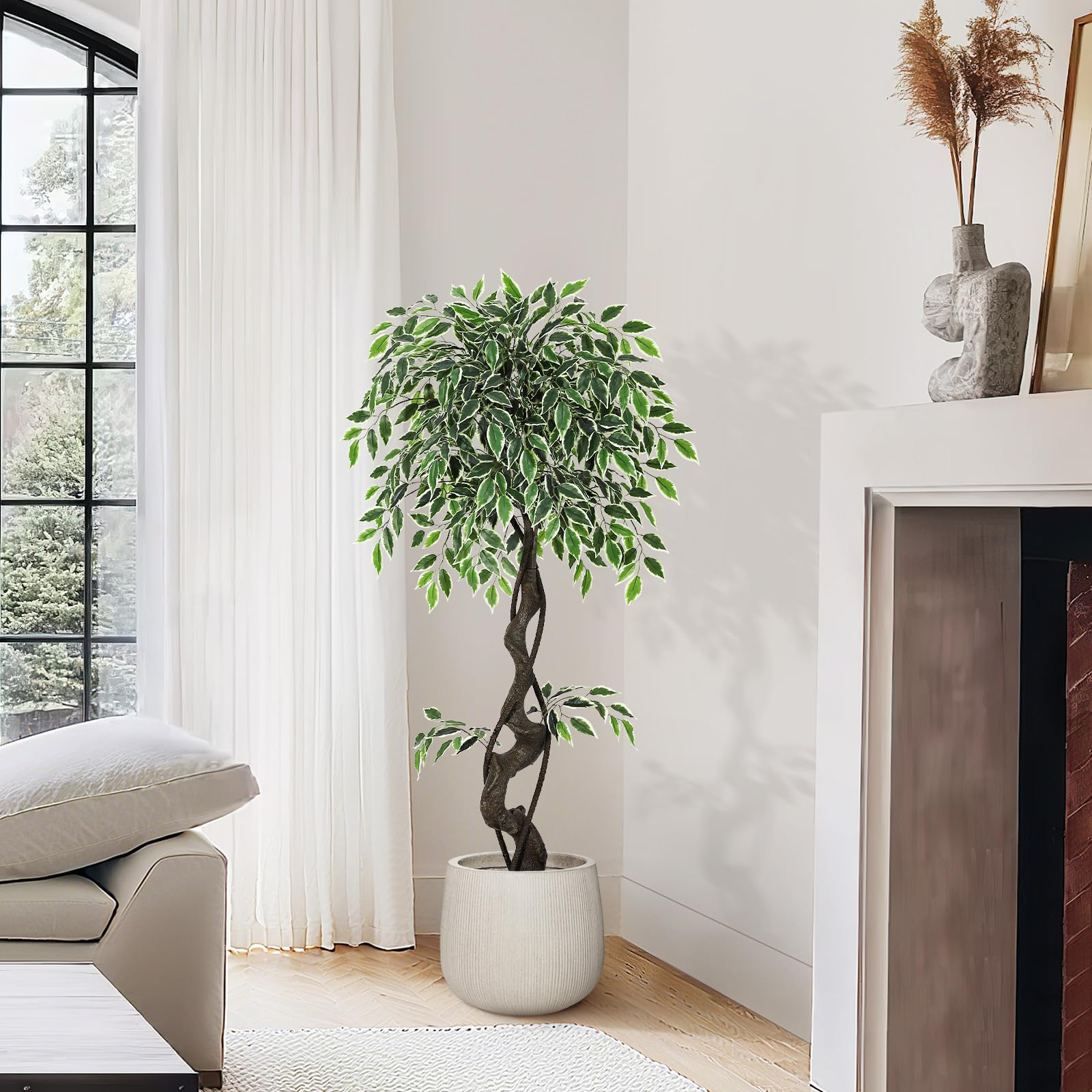 Albero di ficus artificiale Garvee da 4 piedi con oltre 700 foglie di seta, robusto vaso in ceramica per interni, esterni, soggiorno, ufficio, arredamento verde bianco
