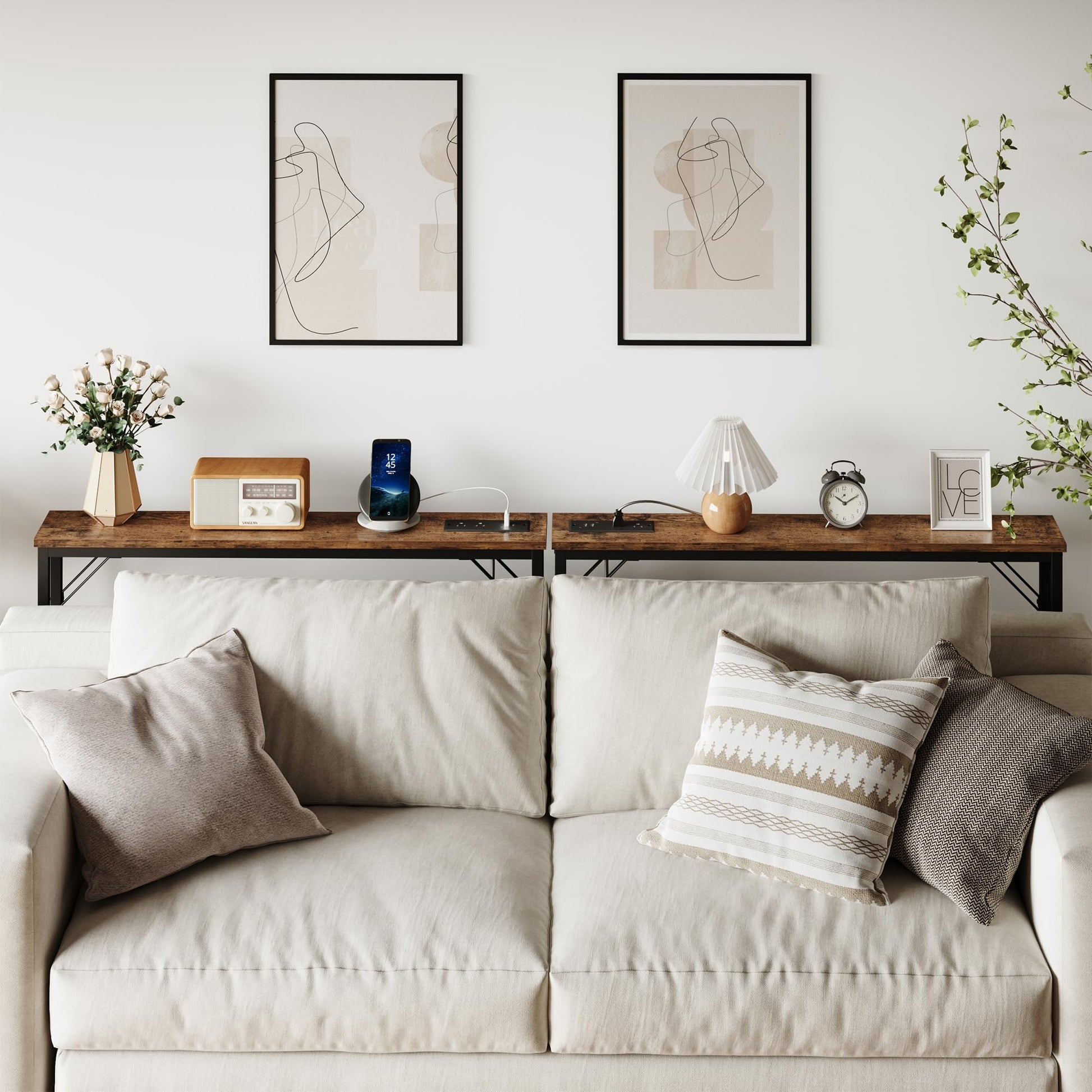 Tavolino da divano stretto Garvee con stazione di alimentazione, porte USB, struttura in metallo, legno vintage per soggiorno e corridoio, 39,4"L x 31,4"A, stile retrò nero