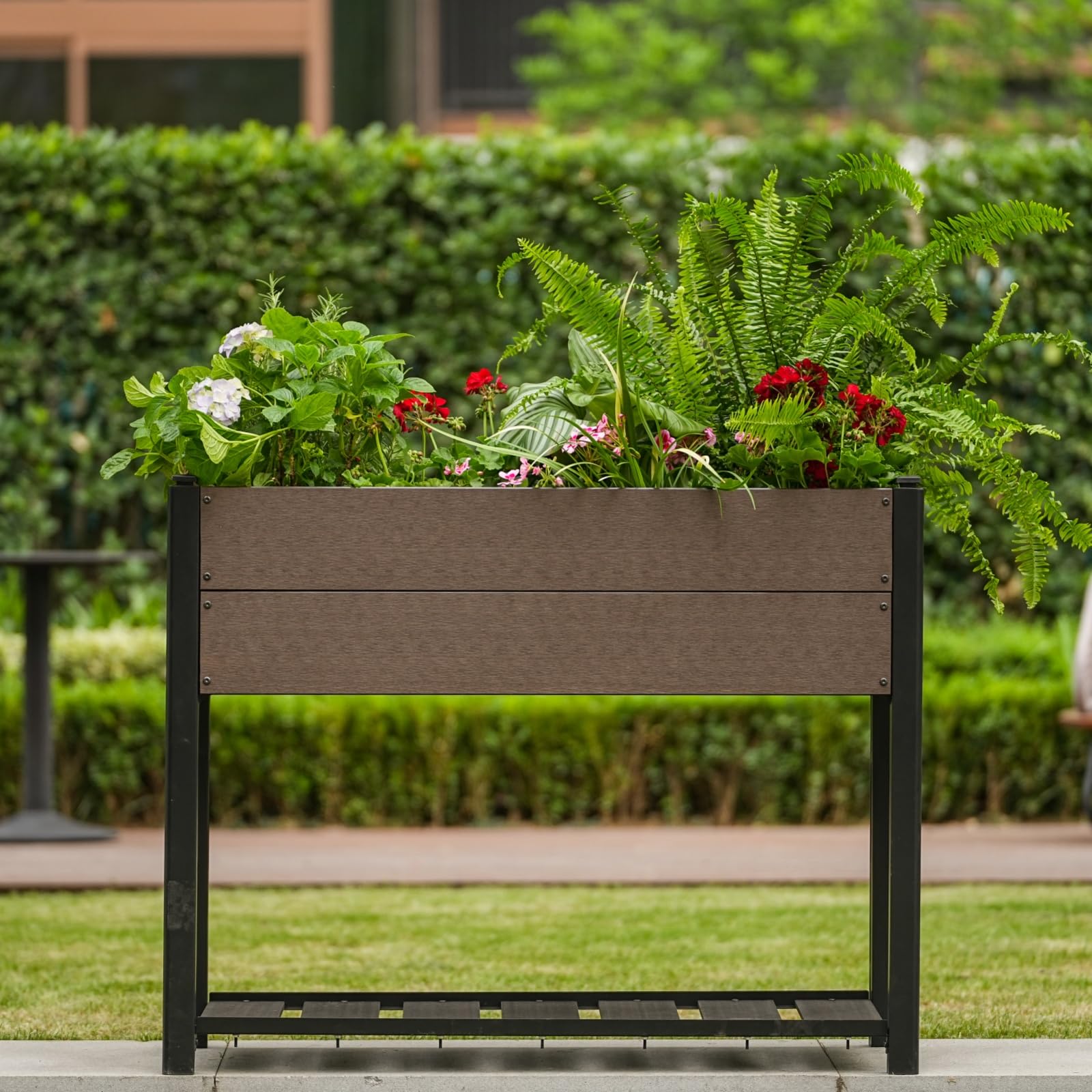 Aiuola rialzata Garvee in HDPE con ripiano, resistente alle intemperie, stabile, struttura in alluminio per balcone e giardino, senza sostanze chimiche, 100x50x30 cm, grigio