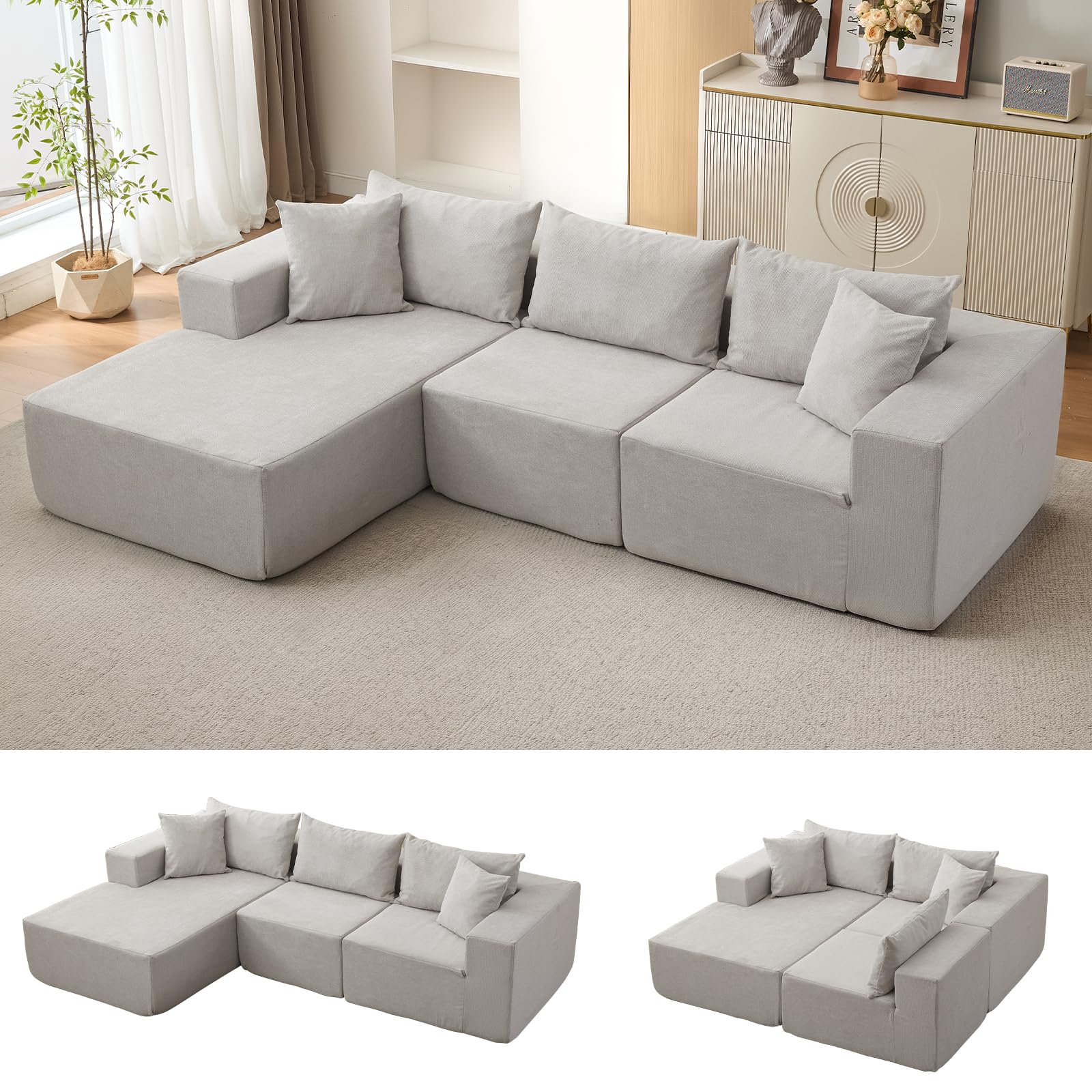 Divano componibile modular Garvee da 108" con chaise longue, comfort senza ossa, a forma di L, tessuto polimerico, divano letto, soggiorno, comodo, versatile
