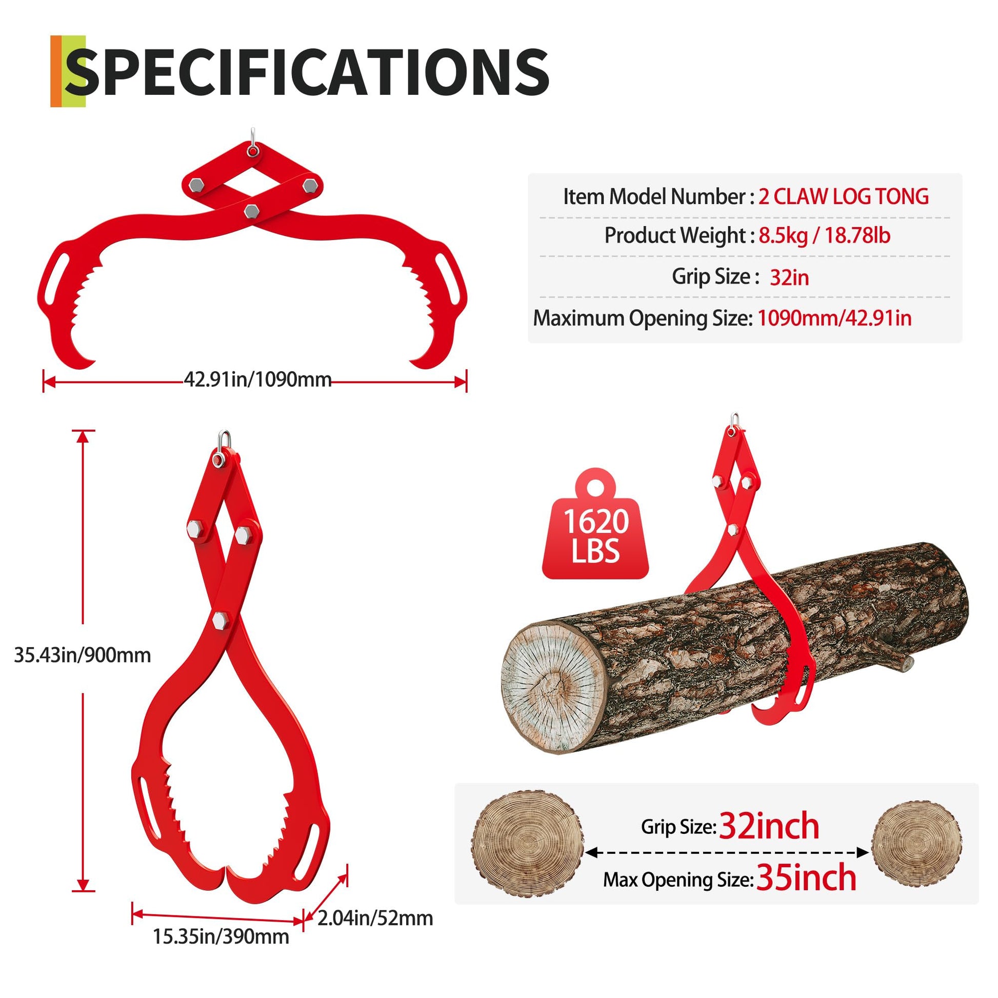 Pinza per tronchi Garvee da 32 pollici con 2 artigli seghettati, capacità di sollevamento di 2200 libbre, acciaio, rivestimento a polvere rossa, per trattori e camion