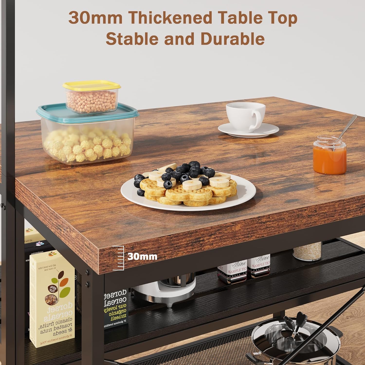 Isola da cucina Garvee con spazio di archiviazione, tavolo da 42", ripiani a 3 livelli, 5 ganci, MDF e metallo per cucina e sala da pranzo, versatile, zona pranzo, grigio