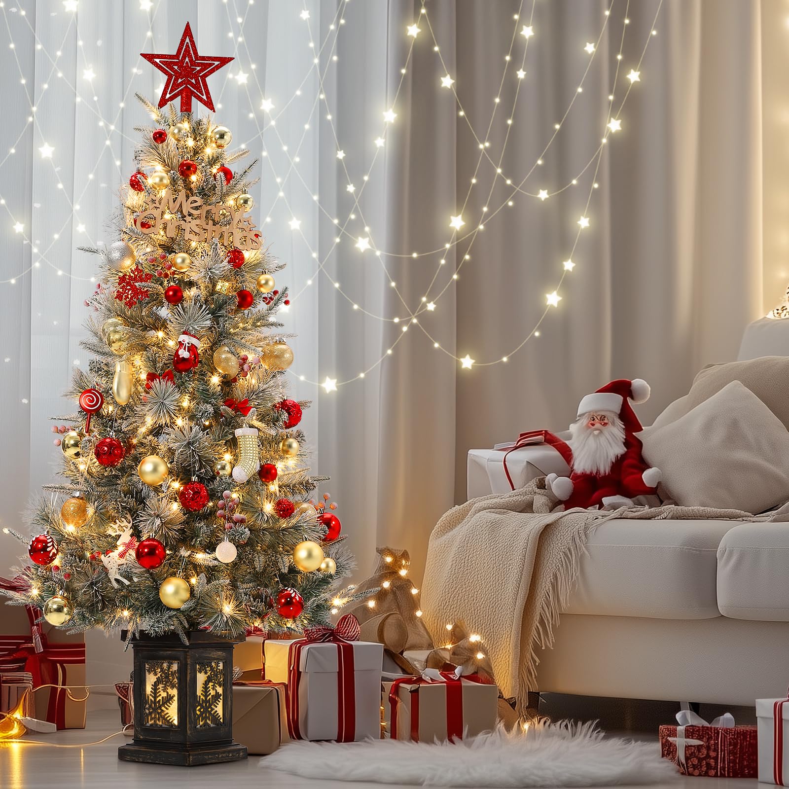 Albero di Natale vintage Garvee da 145 cm con struttura in metallo, 200 LED, 8 modalità, effetto cedro satinato, 4 bacche rosse e scatola luminosa con fiocchi di neve
