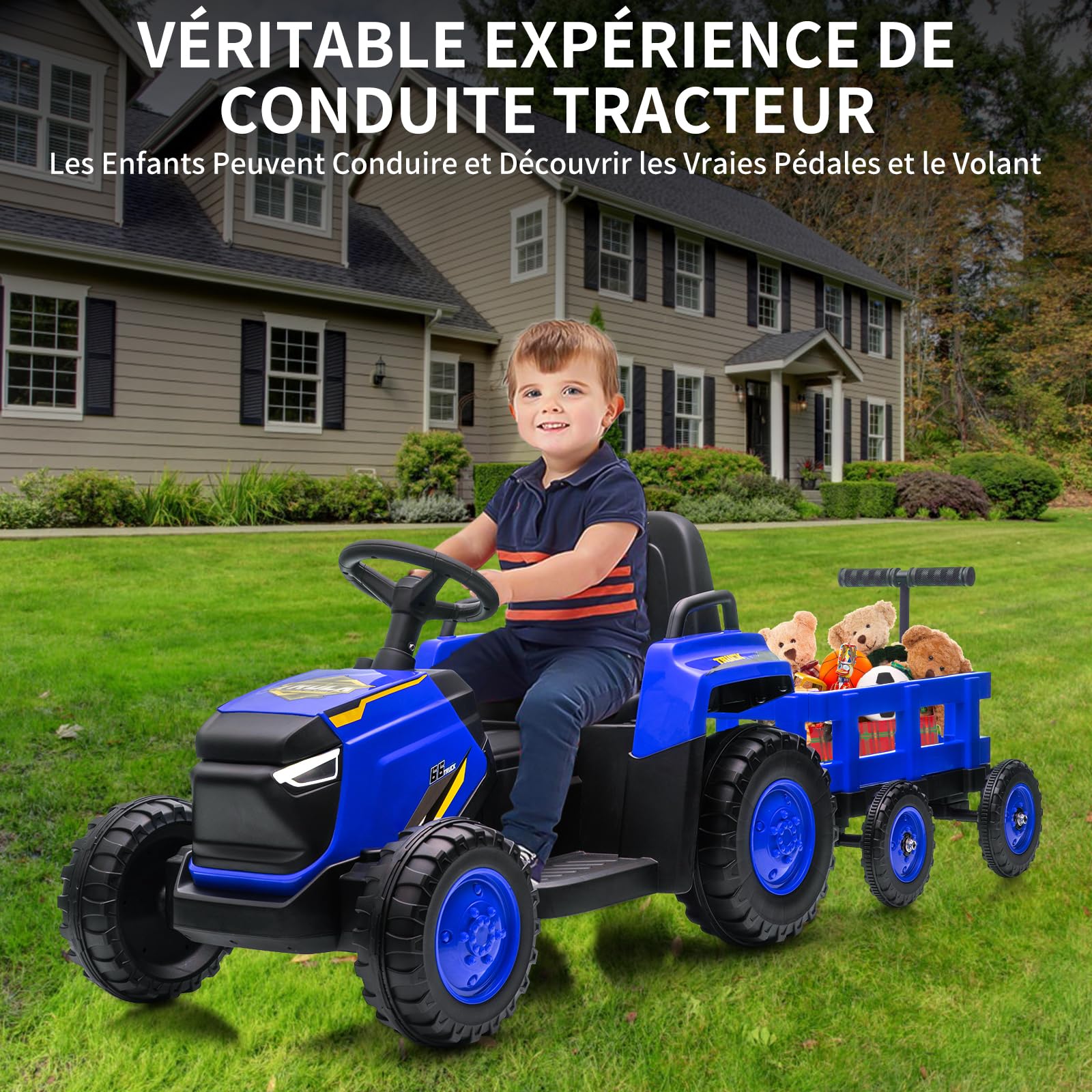 Trattore elettrico per bambini Garvee con rimorchio staccabile, 12 V, 6 pneumatici, telecomando, musica, doppio motore, fari a LED, blu, per giardino e cortile