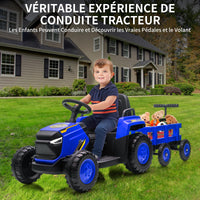 Trattore elettrico per bambini Garvee con rimorchio staccabile, 12 V, 6 pneumatici, telecomando, musica, doppio motore, fari a LED, blu, per giardino e cortile