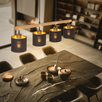 GARVEE Lampadario moderno a 4 luci per sala da pranzo, trave in legno, paralume in tessuto, metallo nero opaco, E27, max 60 W, elegante soggiorno