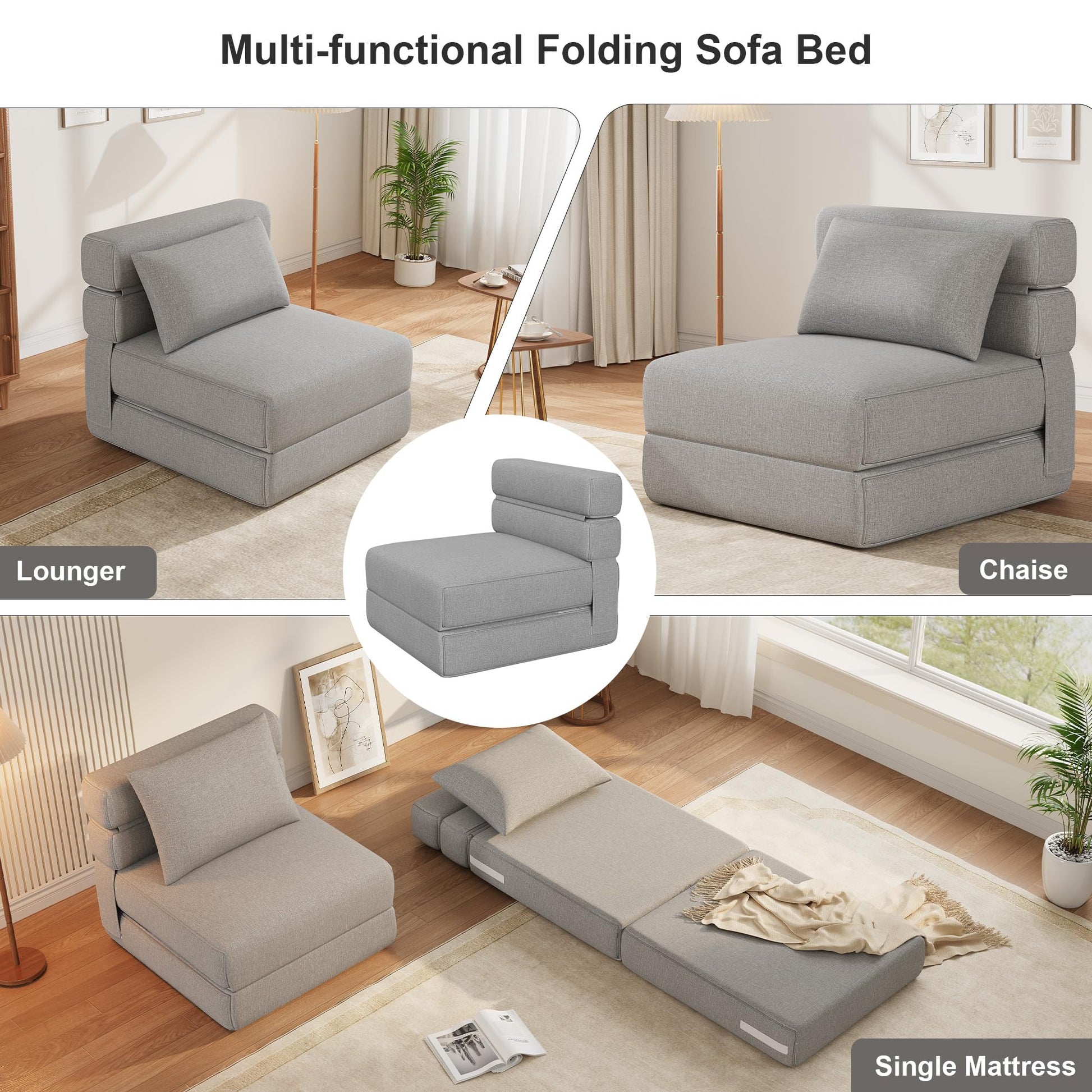 Divano letto pieghevole Garvee, memory foam, tessuto di lino, versatile e salvaspazio, per soggiorno e ufficio, 78"L x 26,3"W x 6,3"H, beige