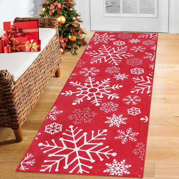 Tappetino da corridoio Garvee 0,6x1,8 m rosso con fiocchi di neve, morbido, antiscivolo, lavabile in lavatrice, per corridoio e cucina