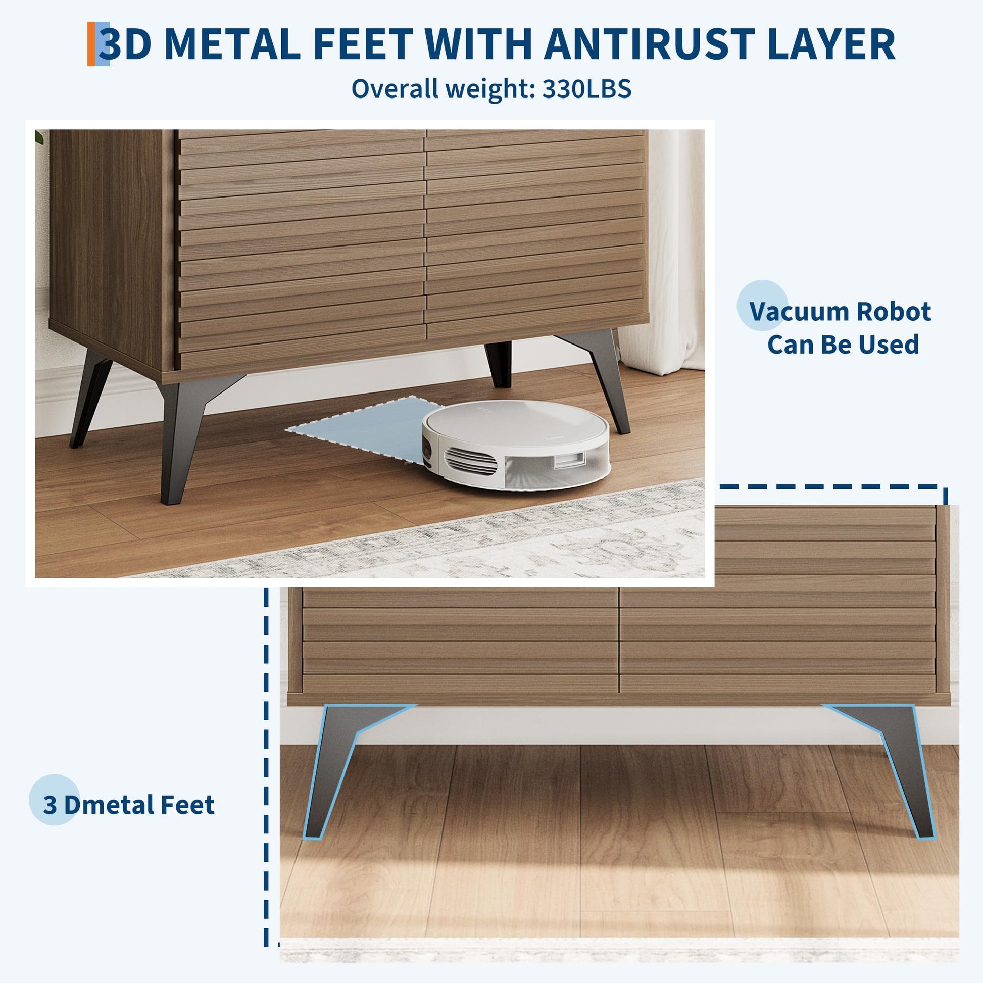 Credenza con ante scanalate Garvee, con ripiani regolabili, per soggiorno, cucina, corridoio, struttura in legno, gambe 3D, gambe in metallo