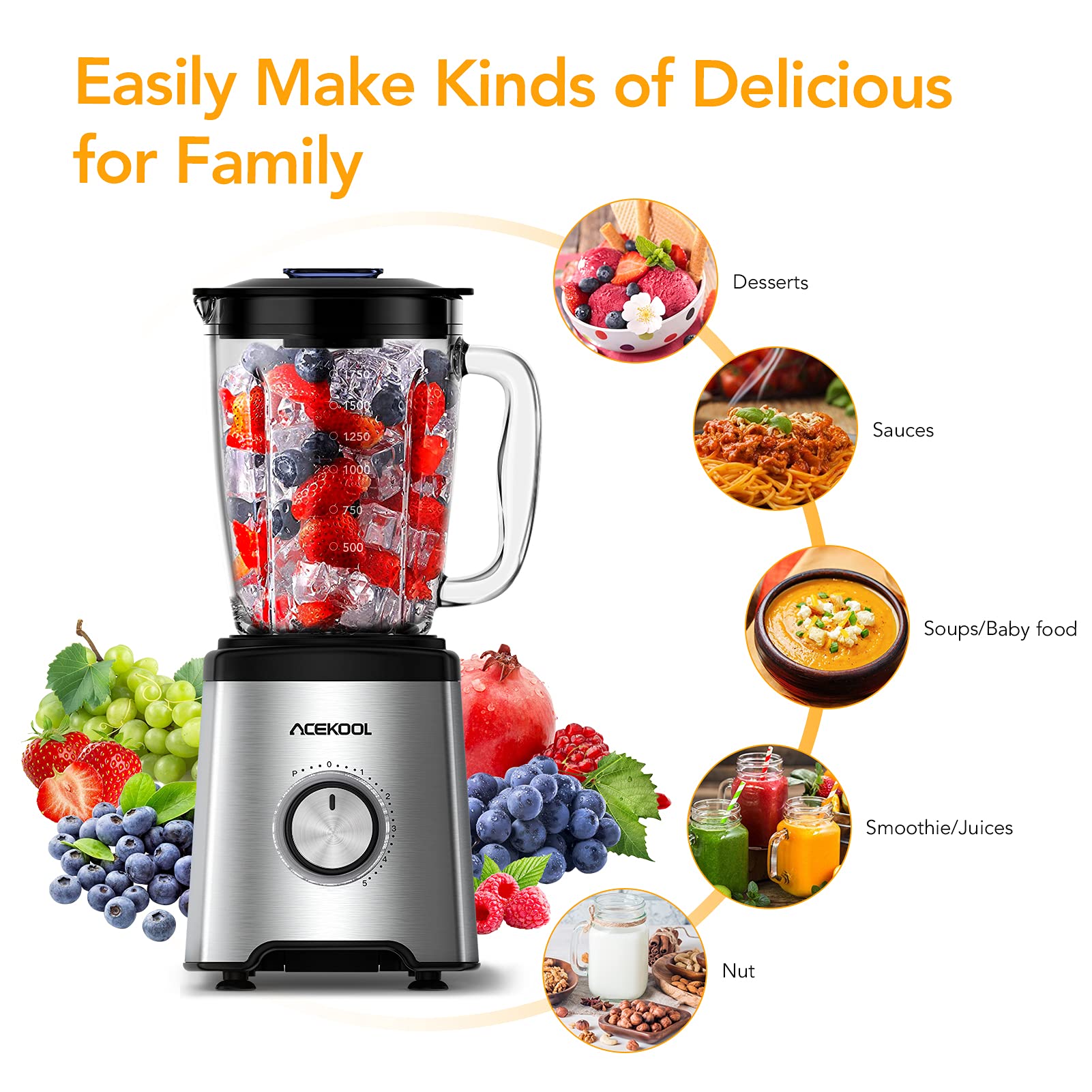 Robot da cucina Garvee da 800 W con contenitore in vetro da 1,75 l senza BPA, 6 lame in acciaio inox, 5 impostazioni di velocità, silenzioso, nero