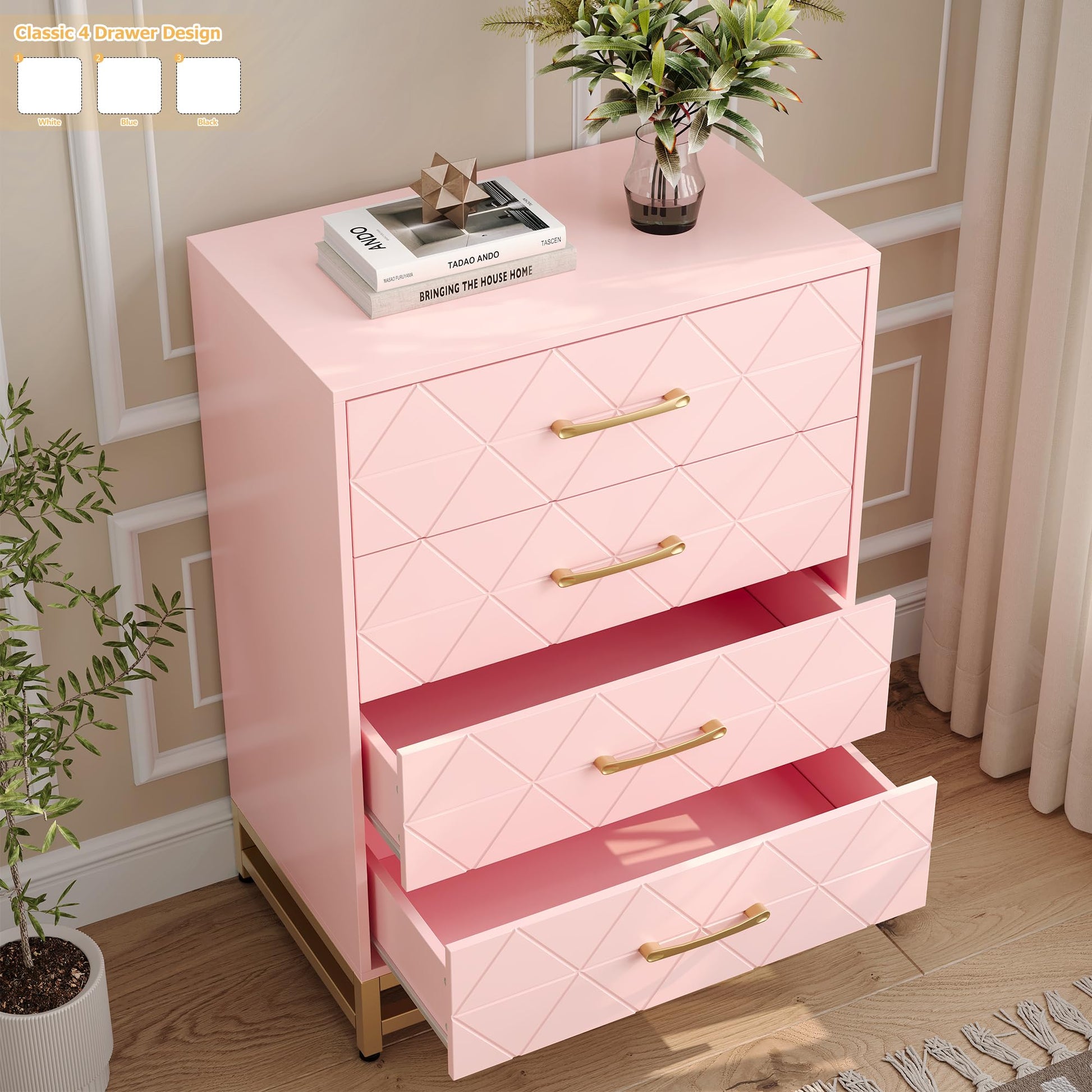 Cassettiera per camera da letto Garvee con 4 cassetti, maniglie in metallo, rosa, legno, viola in metallo robuste, salvaspazio, per soggiorno e ufficio