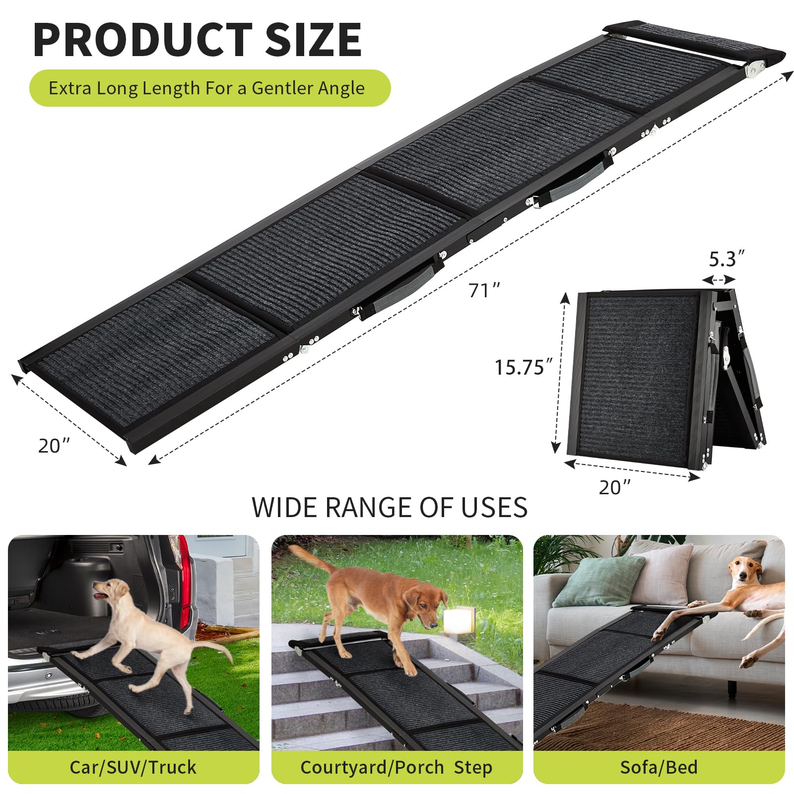 Rampa per auto Garvee Dog Ramp 71"x20" Rampa pieghevole in alluminio di grandi dimensioni con superficie antiscivolo per SUV, camion, cani di taglia media e grande, leggera e portatile, capacità di 270 libbre