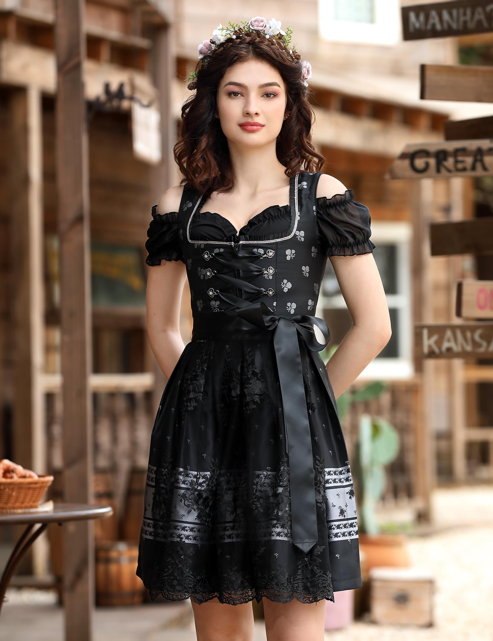 Garvee Dirndl da donna, set completo Dirndl midi da 3 pezzi, abito tradizionale con grembiule, camicetta, vestito, nero, taglia 34