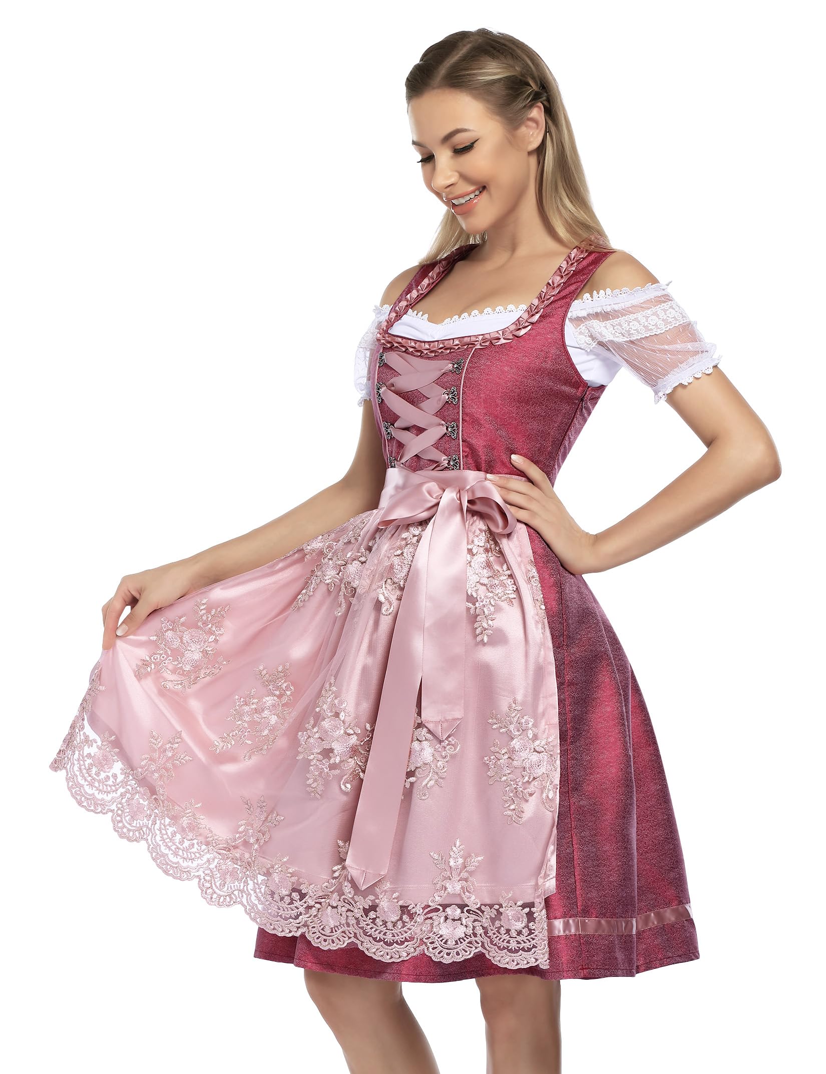 Garvee Dirndl, costume tradizionale da donna, due pezzi, lunghezza media, con grembiule in pizzo, adatto per l'Oktoberfest, colore rosa, qualità premium, taglia 34