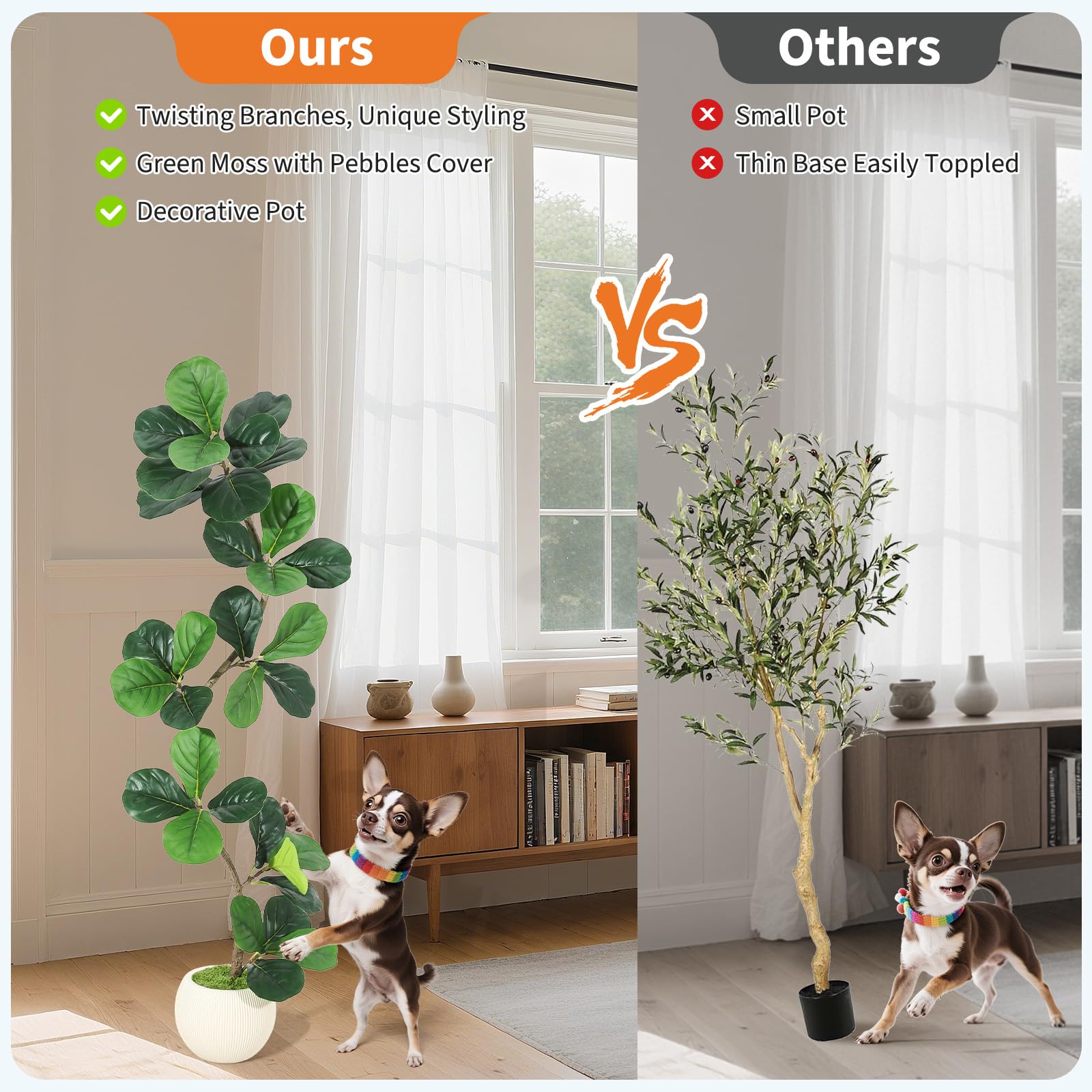 Albero di fico artificiale Garvee a foglia di violino, vaso bianco da 5 piedi per soggiorno e ufficio, foglie di seta realistiche, rami regolabili, resistente alle intemperie
