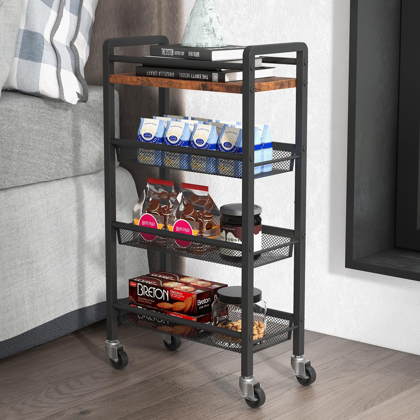 Garvee Chariot De Rangement À 4 Niveaux Mit Paniers Extractibles Und Roulettes Für Küche und Service, 41.3x20.2x81.7 cm, Braun Schwarz