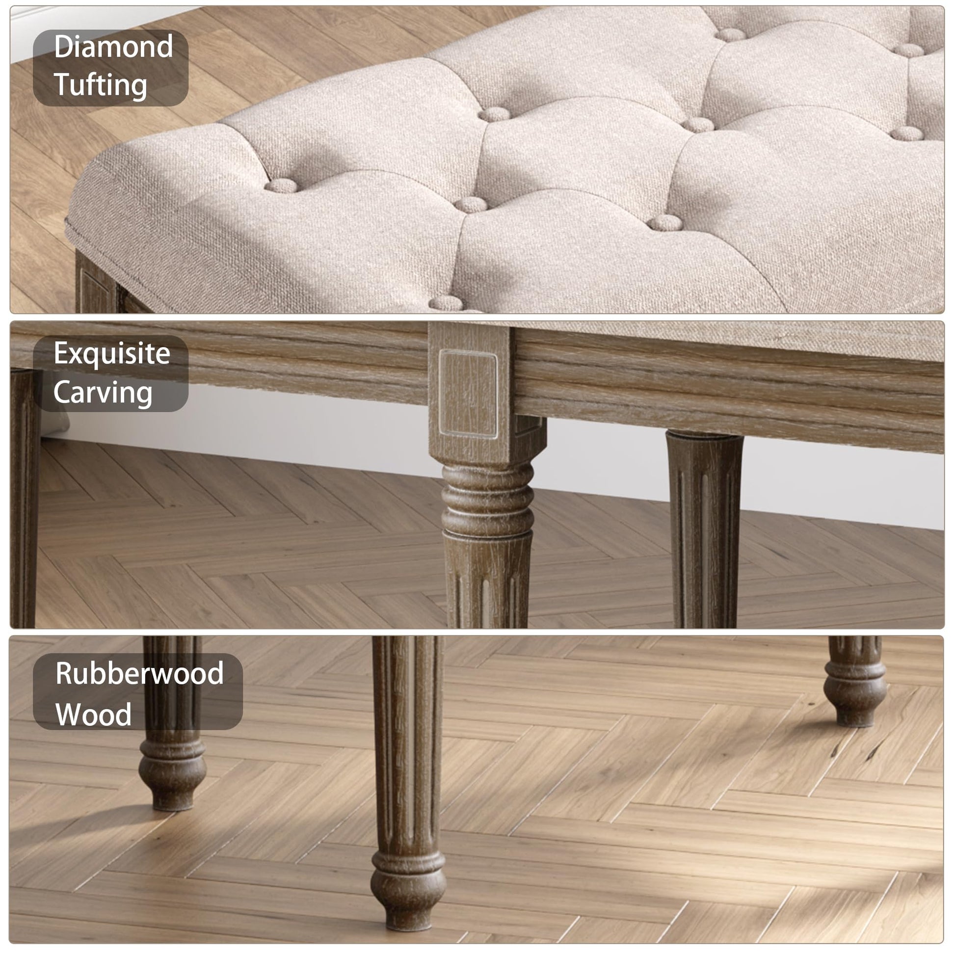 Panca Garvee da 48" con bottoni e gambe in legno, imbottitura morbida, struttura robusta, stile vintage per camera da letto e corridoio