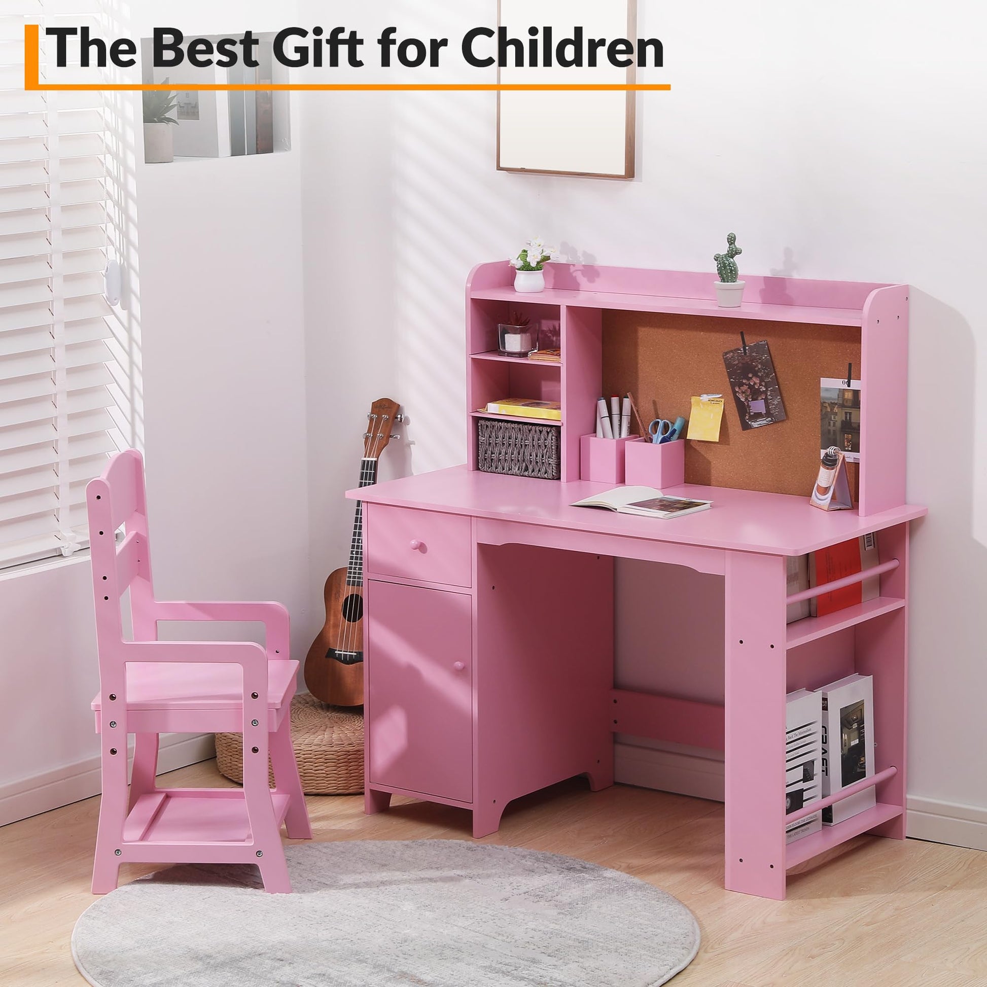 Set da scrivania per bambini Garvee con ripiano e cassetto per ragazzi e ragazze, dai 3 agli 8 anni, in legno, rosa, per l'apprendimento e la sala giochi
