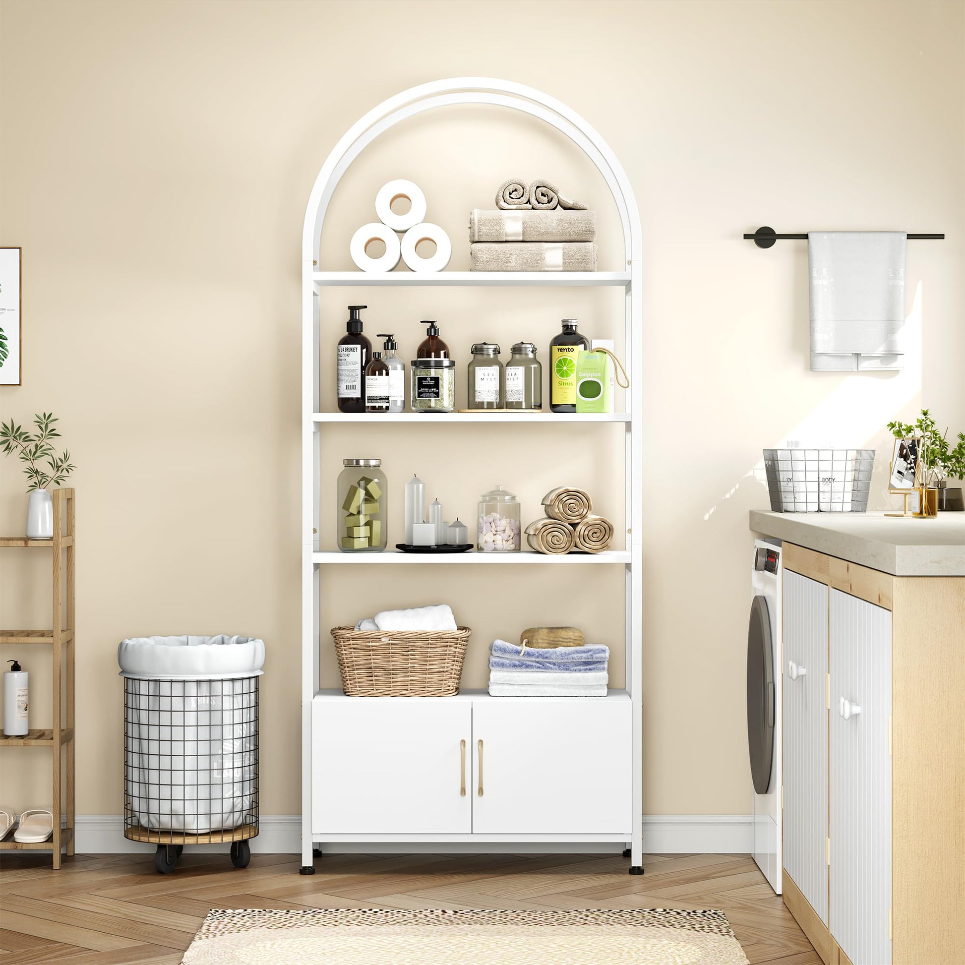 Libreria moderna ad arco a 4 ripiani Garvee con ante, struttura in metallo, per ufficio e soggiorno, altezza 71,5", bianca