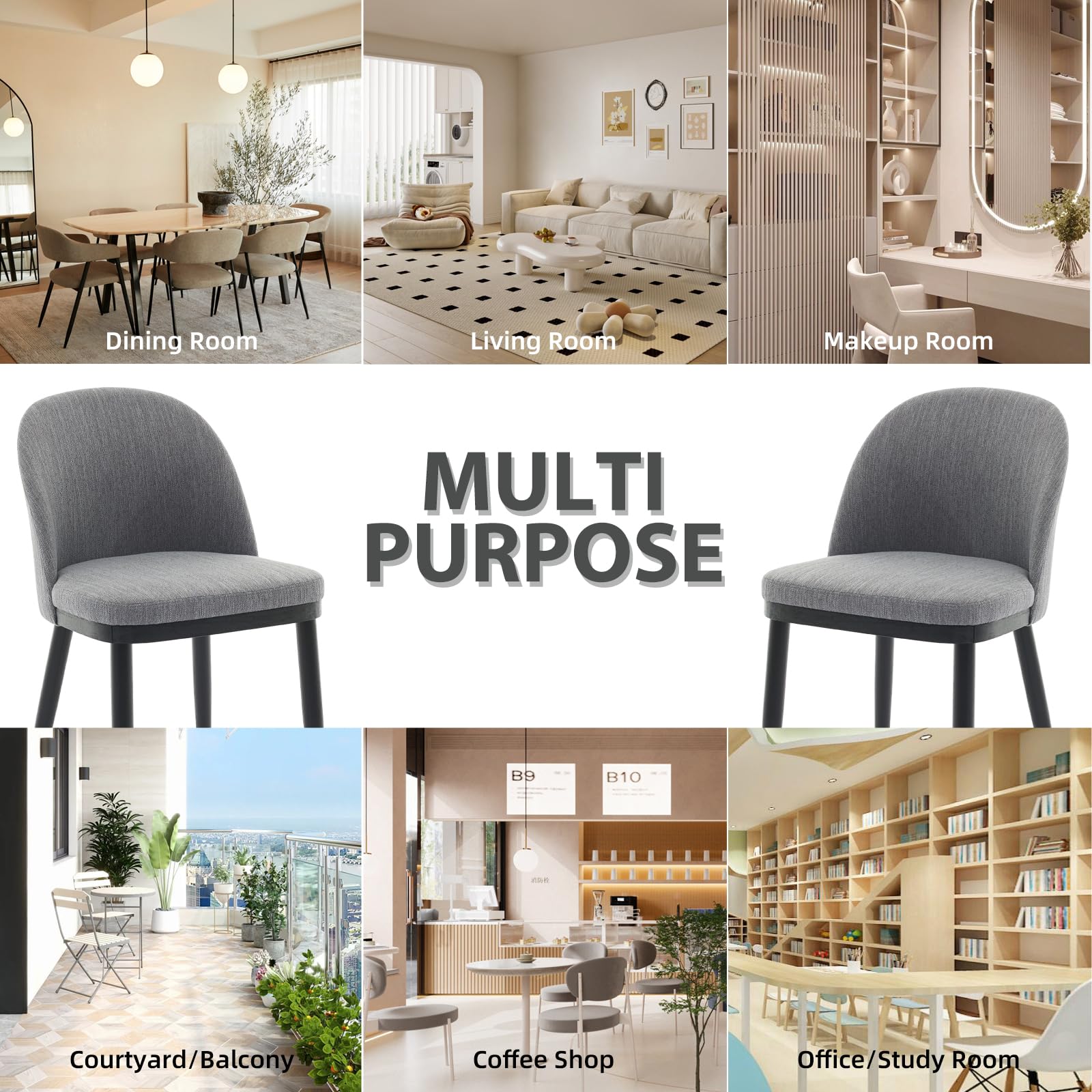 Garvee Set di 2 sedie da pranzo imbottite in tessuto moderno, sedie da cucina con cuscini spessi, gambe in legno, schienale curvo, grigio per ristorante e bar