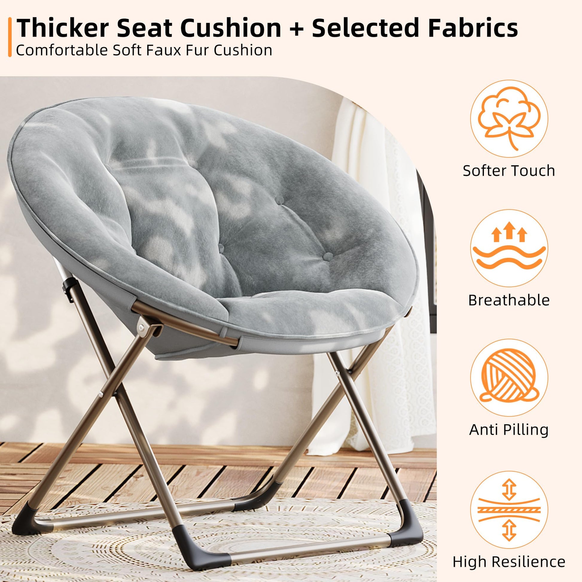Sedia a forma di luna Garvee Saucer Chair con struttura in metallo pieghevole, fiore di peluche oversize, comoda e stabile per camera da letto e soggiorno, grigio