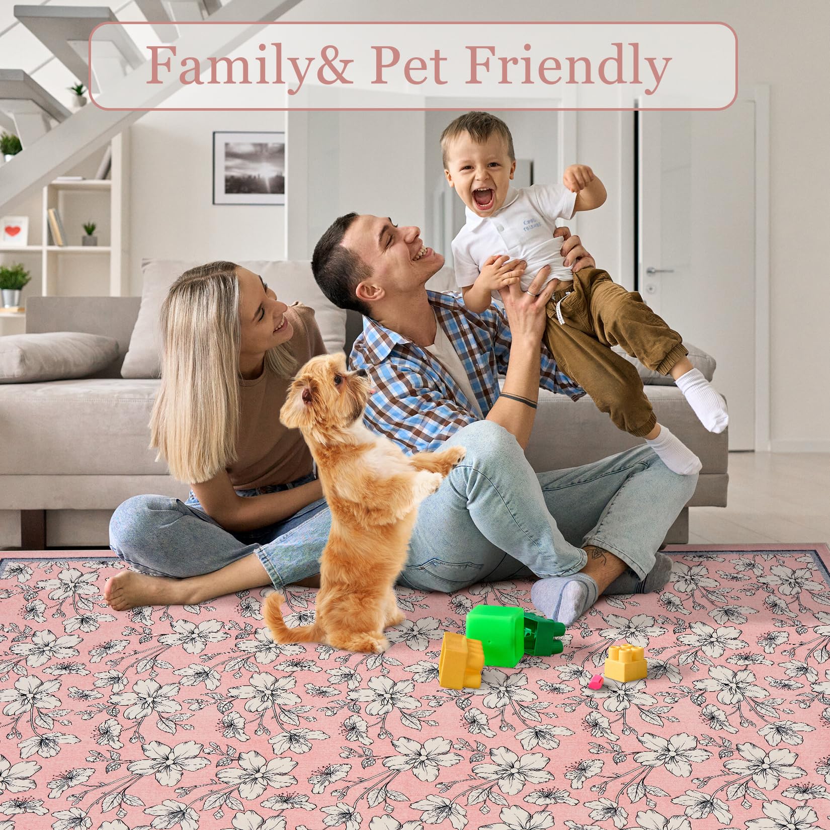 Tappeto per soggiorno Garvee lavabile con motivo floreale vintage, pelo corto, antiscivolo, morbido, grande, 160x230 cm, rosa