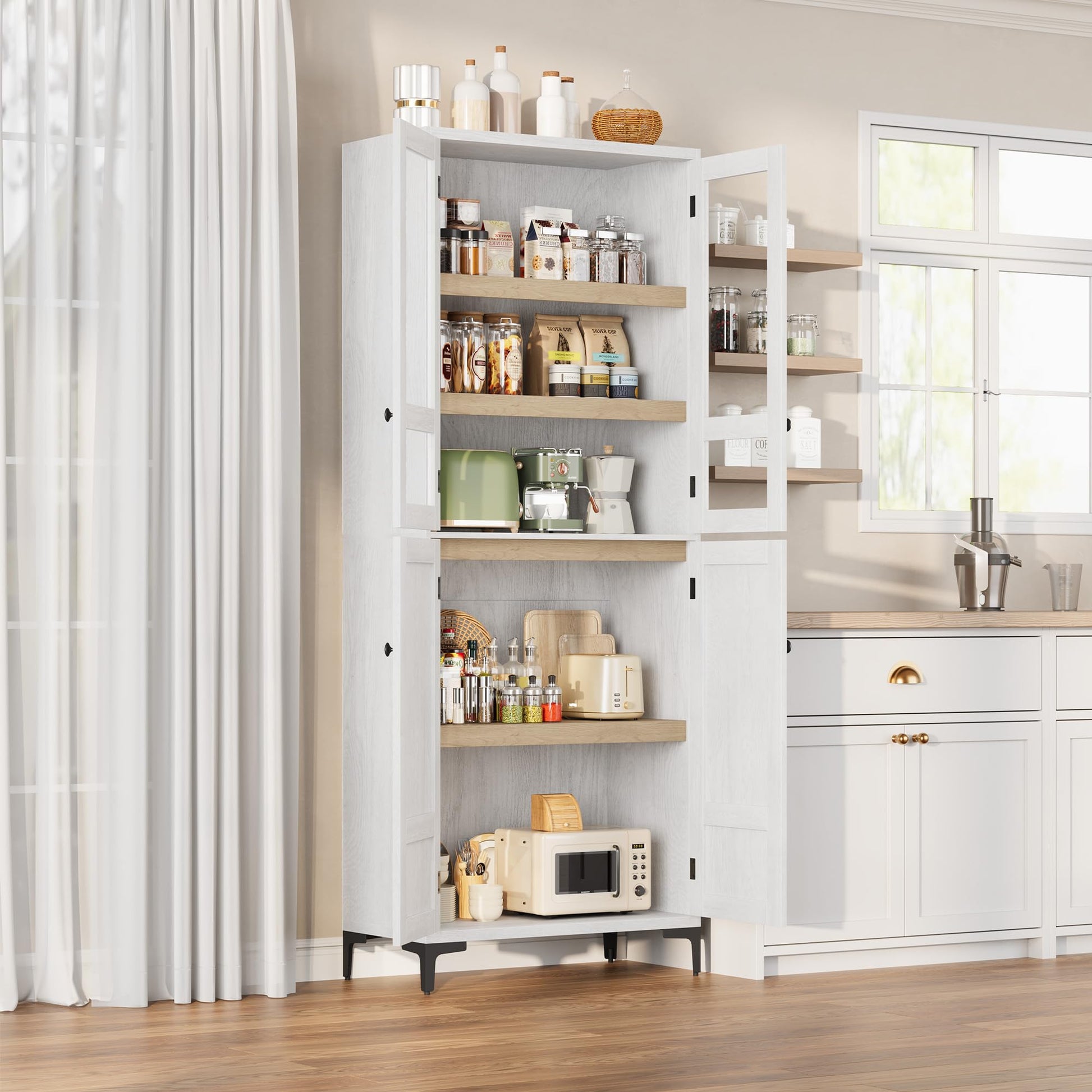 Mobile dispensa da cucina Garvee alto 180 cm con ante in vetro, 4 ante, 5 ripiani regolabili, in legno, per cucina e bagno, chiusura magnetica, indipendente, design moderno