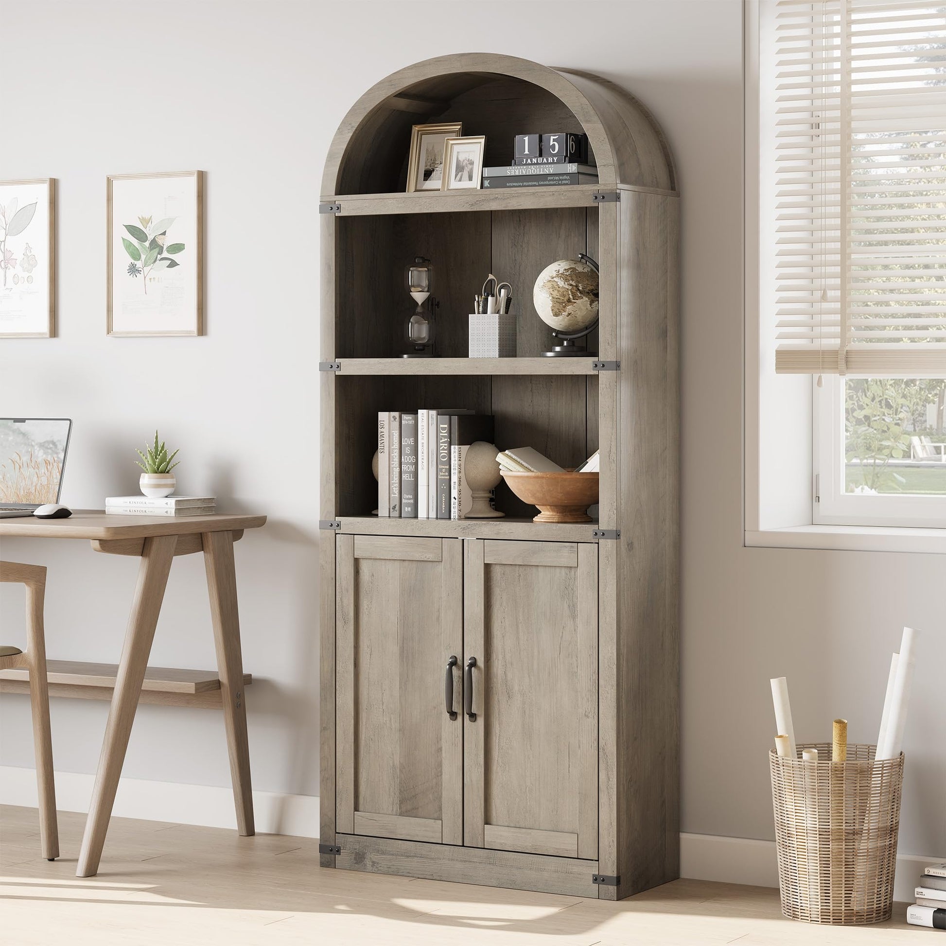 Libreria Garvee con ante, stile rustico, in legno MDF, protezioni angolari in metallo, per soggiorno e ufficio, altezza 71,65 pollici, colore naturale