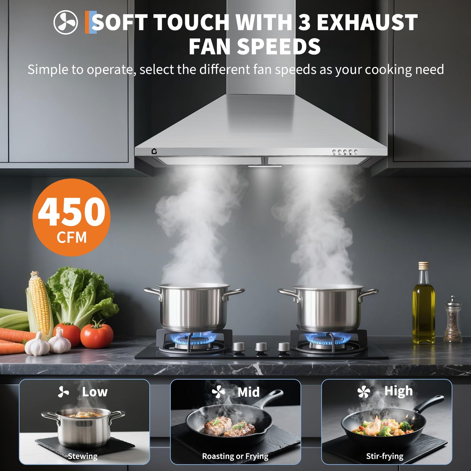 Cappa aspirante Garvee da 76.2 cm con filtro in alluminio per cucina, 250 CFM, touch e telecomando, silenziosa, convertibile, argento