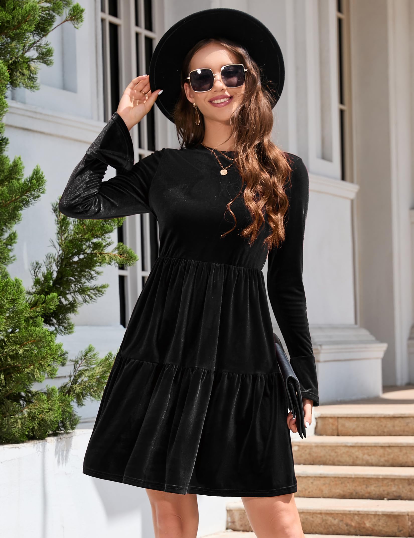 Garvee - Elegante abito in velluto da donna, mini abito invernale con volant, scollo rotondo e maniche lunghe, nero, L