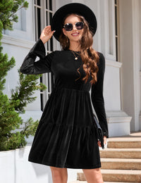 Garvee - Elegante abito in velluto da donna, mini abito invernale con volant, scollo rotondo e maniche lunghe, nero, L